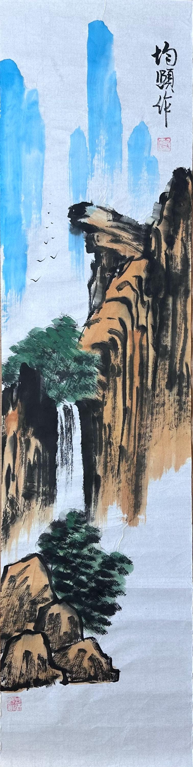 Original Chinese Ink Waterfall Landscape Painting, Hand Painted Vertical Mountain Wall Art on Rice Paper, 14 x 54 Inches