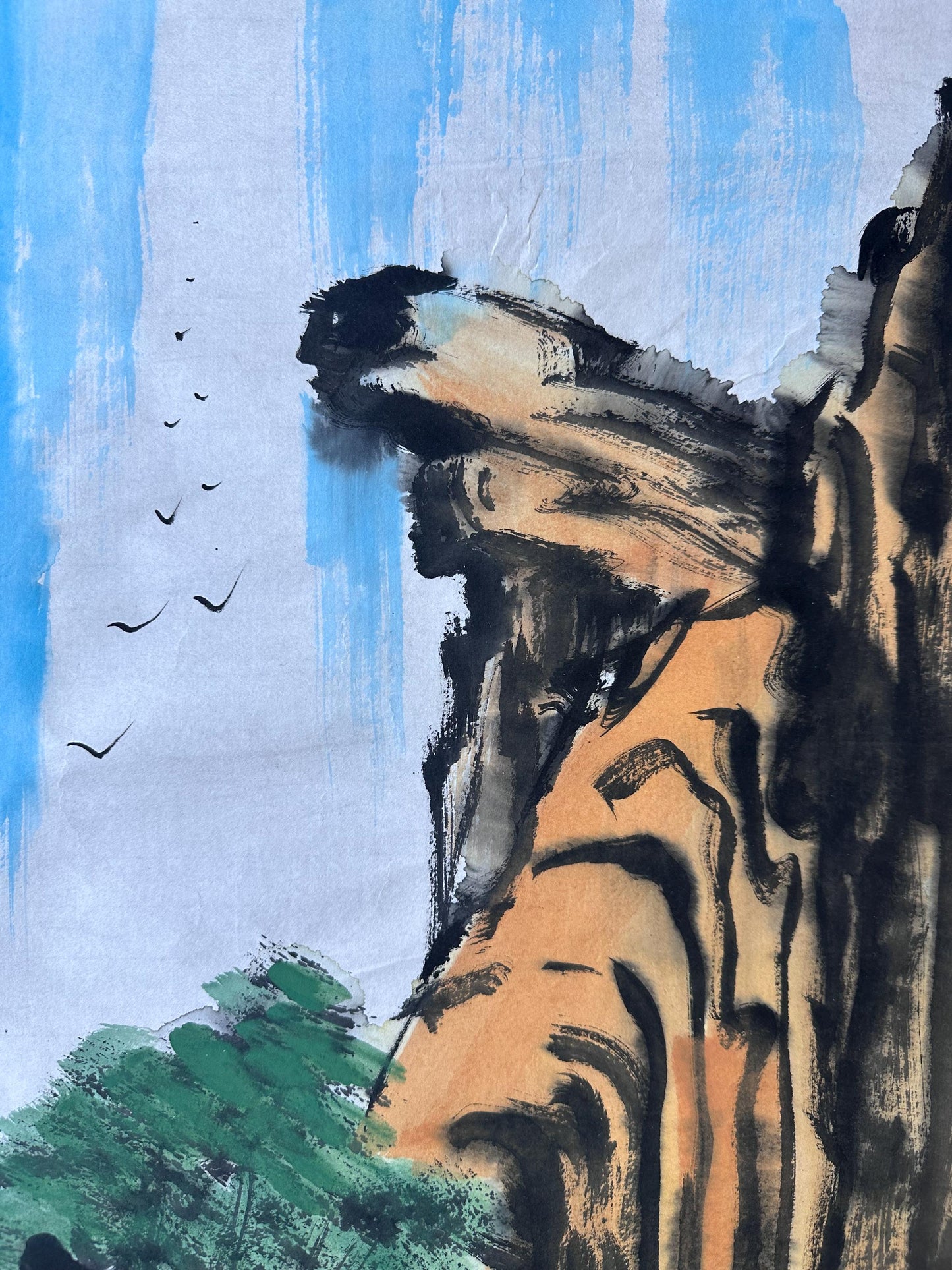 Original Chinese Ink Waterfall Landscape Painting, Hand Painted Vertical Mountain Wall Art on Rice Paper, 14 x 54 Inches