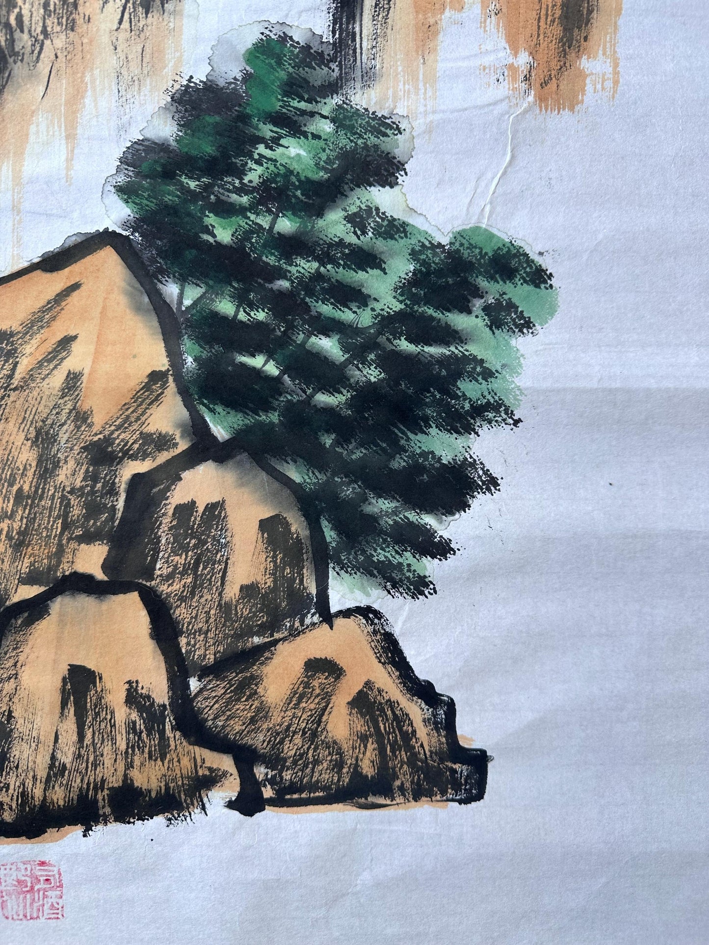 Original Chinese Ink Waterfall Landscape Painting, Hand Painted Vertical Mountain Wall Art on Rice Paper, 14 x 54 Inches