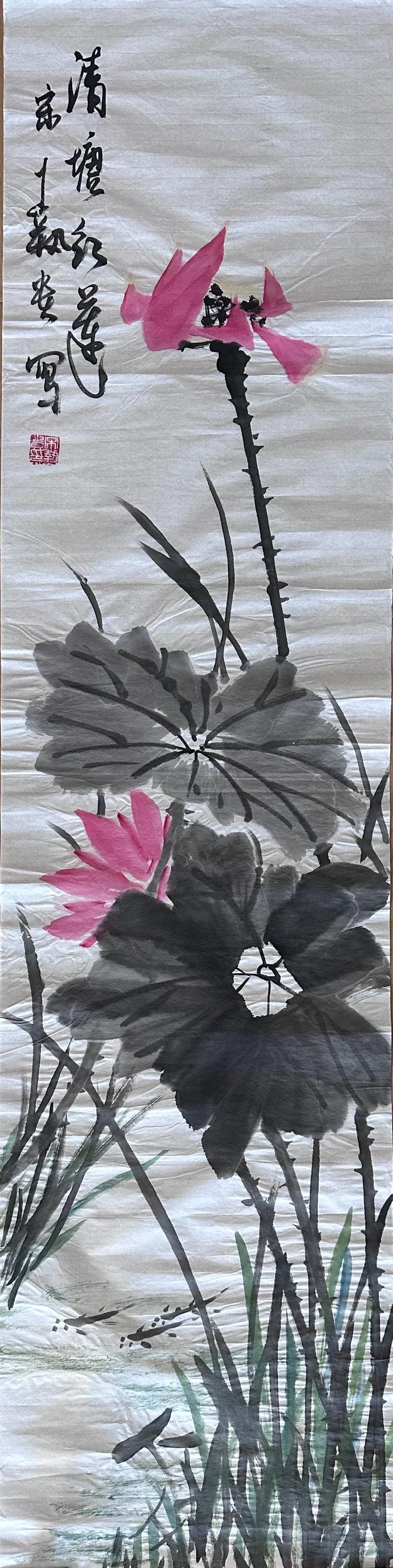 Original Chinese Ink Lotus Painting, Hand Painted Vertical Flower Wall Art on Rice Paper, 13 x 54 Inches
