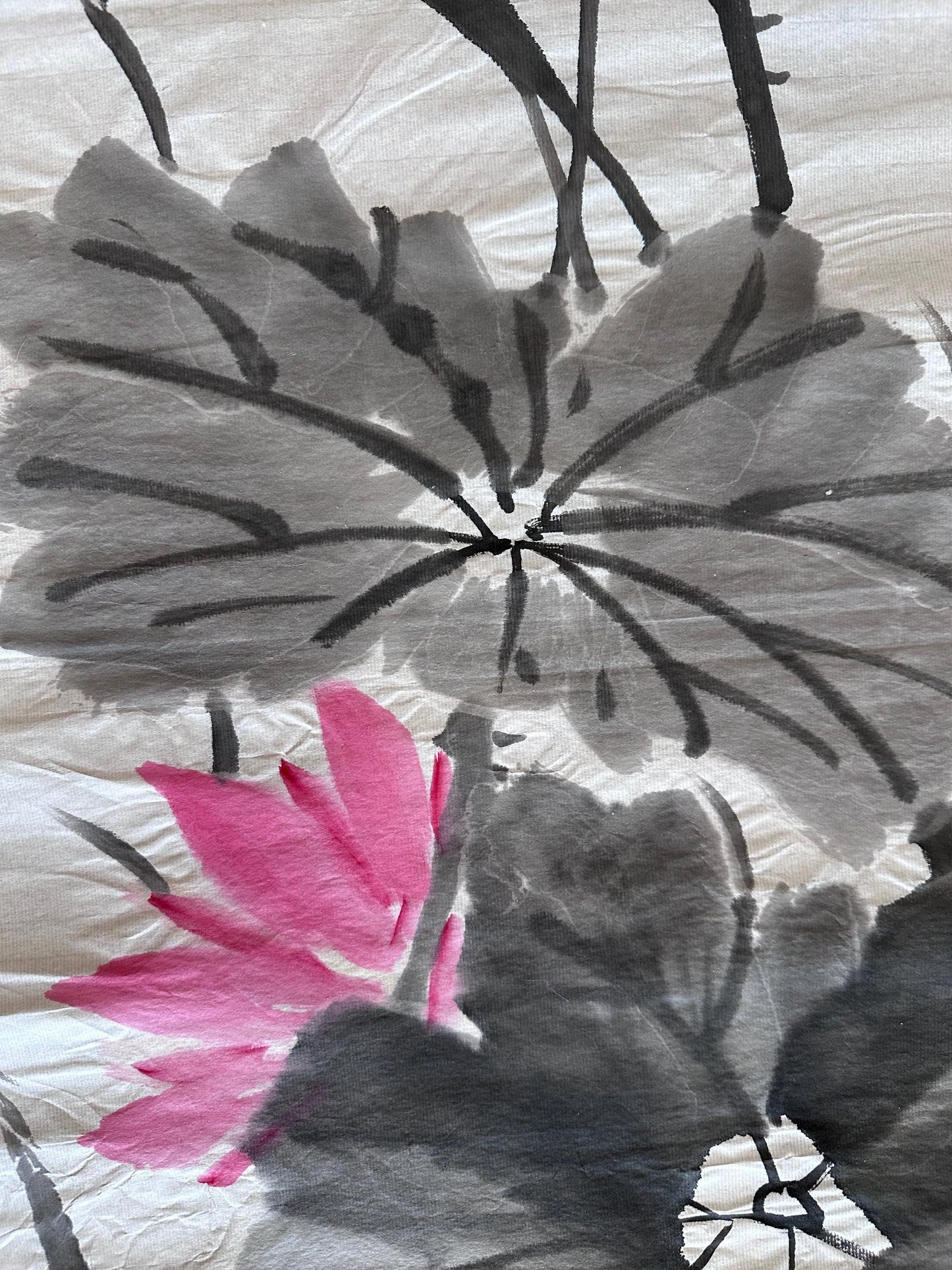 Original Chinese Ink Lotus Painting, Hand Painted Vertical Flower Wall Art on Rice Paper, 13 x 54 Inches