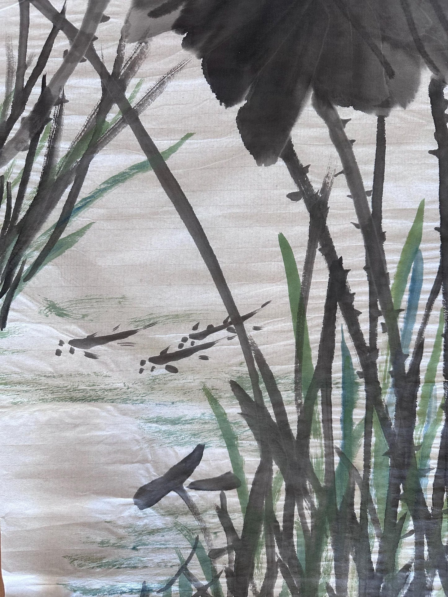 Original Chinese Ink Lotus Painting, Hand Painted Vertical Flower Wall Art on Rice Paper, 13 x 54 Inches