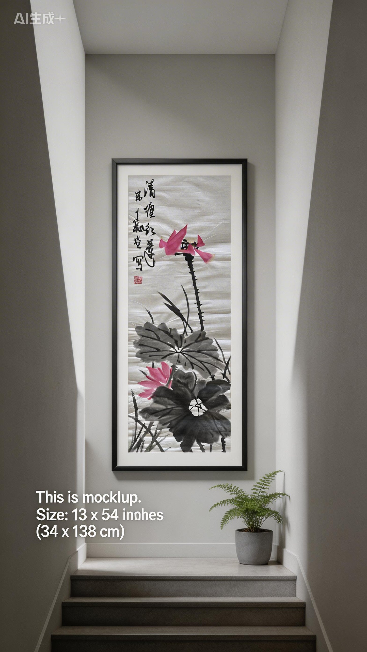 Original Chinese Ink Lotus Painting, Hand Painted Vertical Flower Wall Art on Rice Paper, 13 x 54 Inches