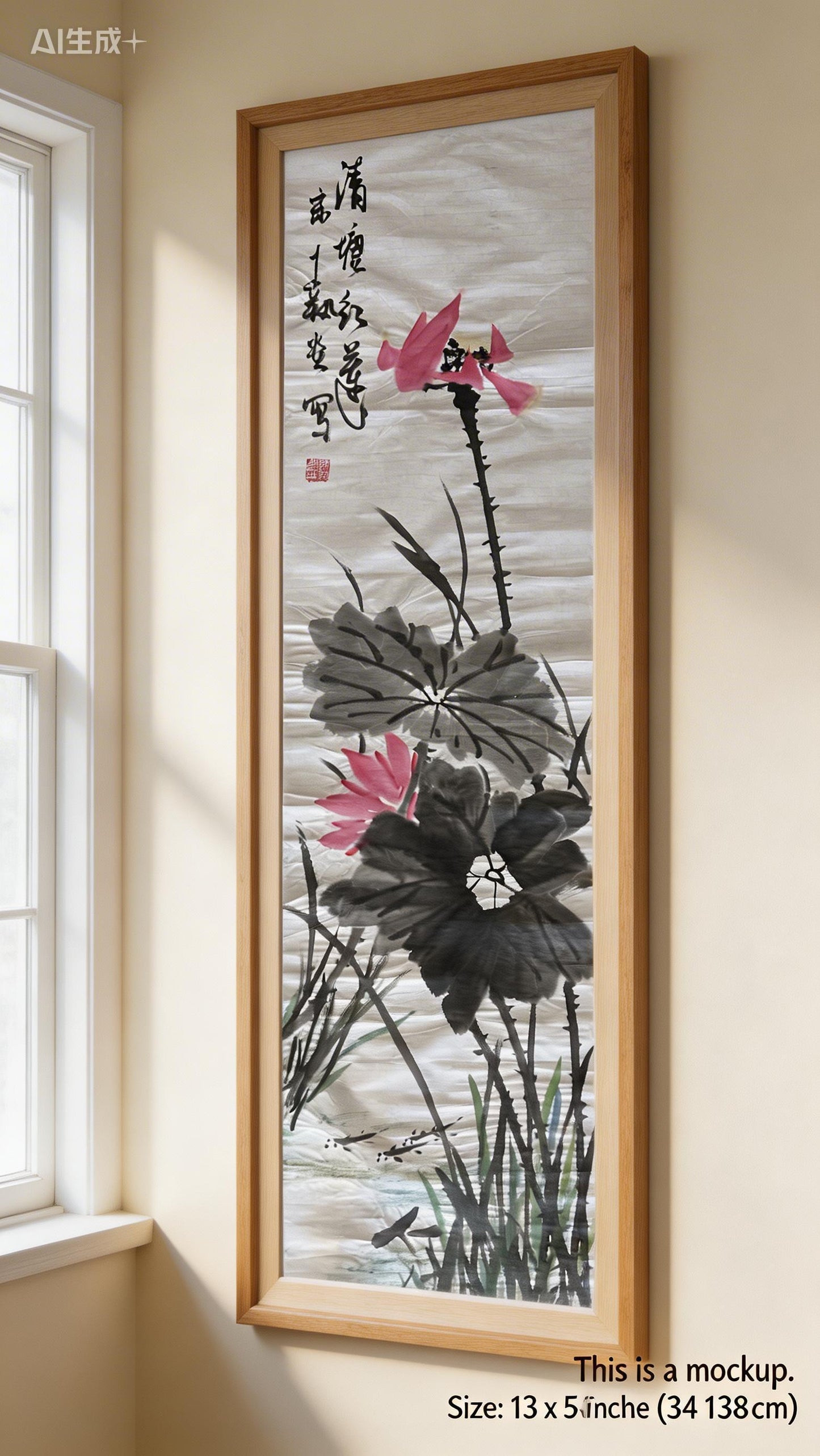 Original Chinese Ink Lotus Painting, Hand Painted Vertical Flower Wall Art on Rice Paper, 13 x 54 Inches