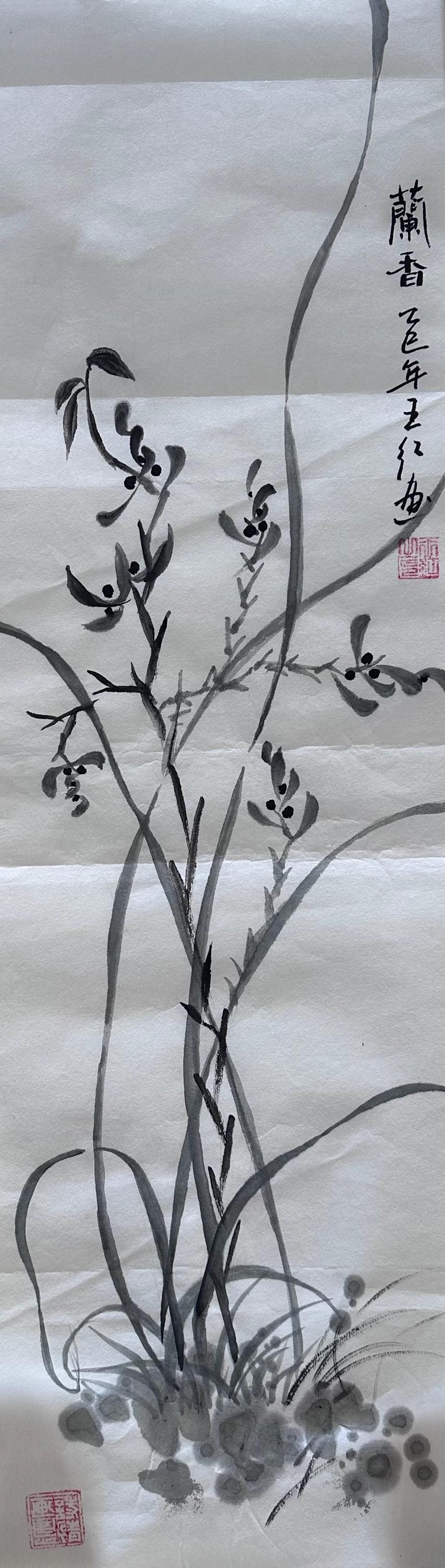 Original Chinese Ink Orchid Painting, Hand Painted Vertical Minimalist Wall Art on Rice Paper, 9 x 27 Inches