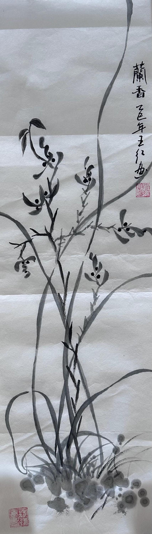 Original Chinese Ink Orchid Painting, Hand Painted Vertical Minimalist Wall Art on Rice Paper, 9 x 27 Inches