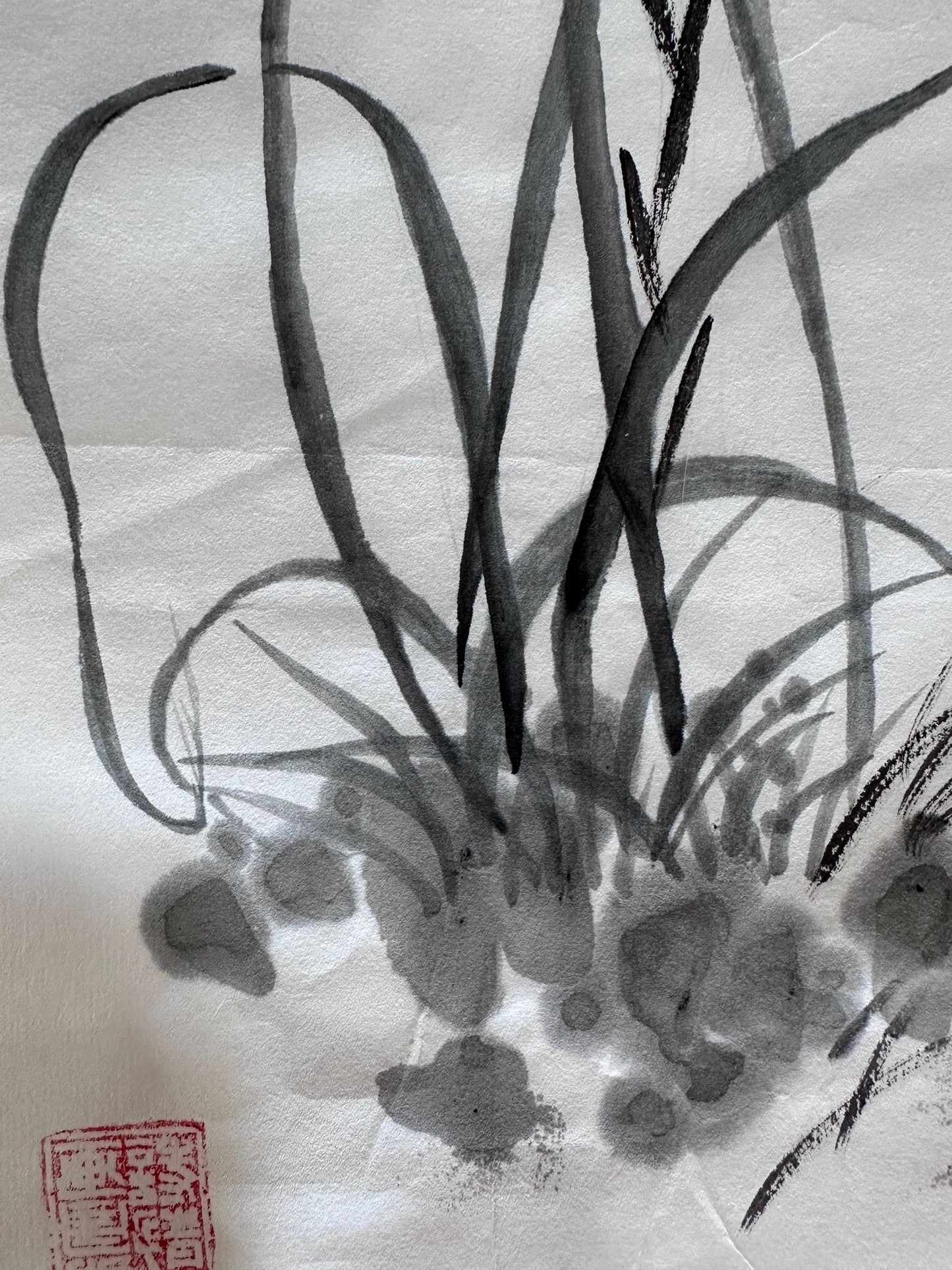 Original Chinese Ink Orchid Painting, Hand Painted Vertical Minimalist Wall Art on Rice Paper, 9 x 27 Inches