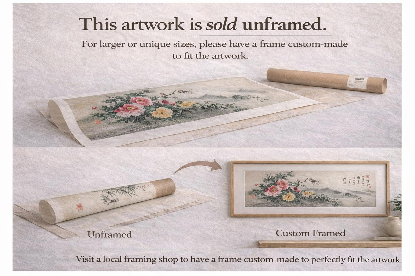 Original Chinese Ink Orchid Painting, Hand Painted Vertical Minimalist Wall Art on Rice Paper, 9 x 27 Inches