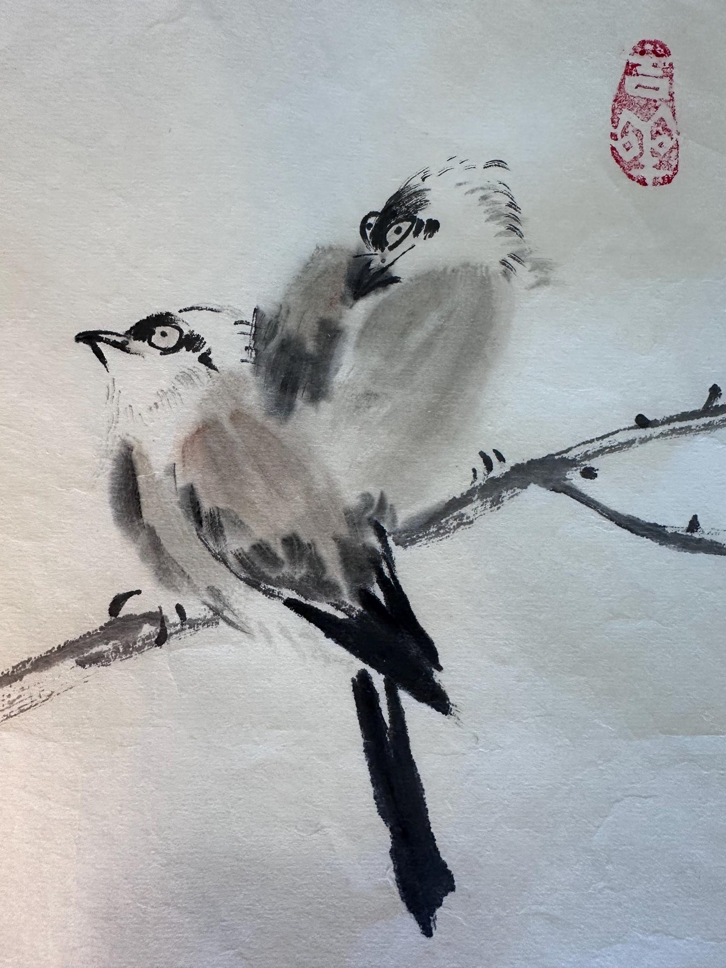 Original Chinese Ink Bird Painting, “Two Sparrows” Floral Wall Art on Rice Paper, Hand Painted Nature Artwork, 18 x 14 Inches