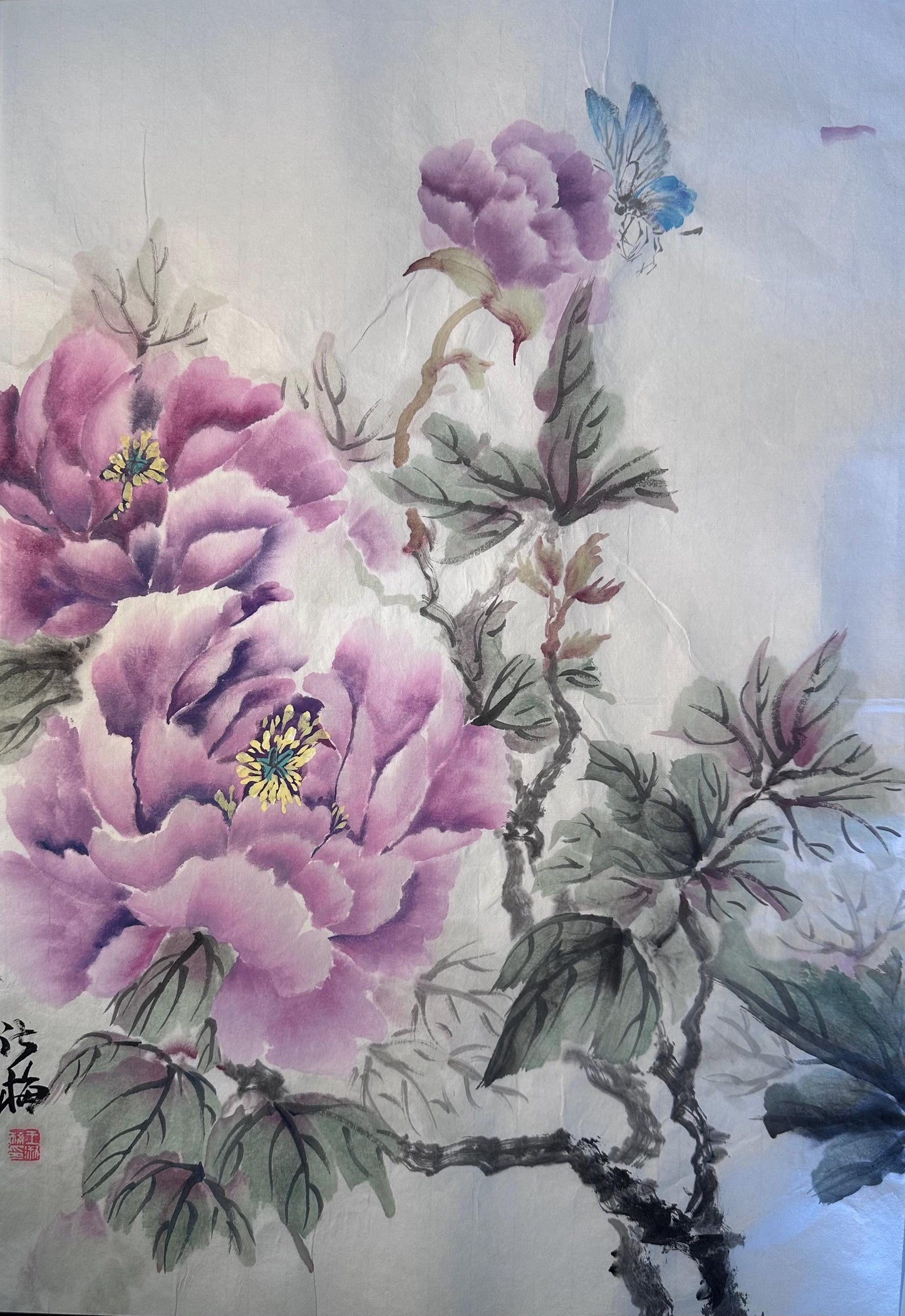 Original Chinese Ink Peony Painting, Butterfly and Floral Wall Art on Rice Paper, Hand Painted Vertical Flower Artwork, 14 x 20 Inches
