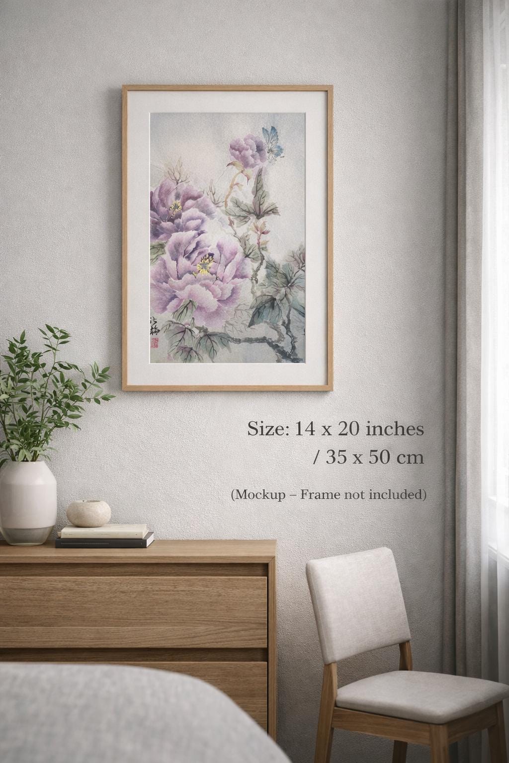 Original Chinese Ink Peony Painting, Butterfly and Floral Wall Art on Rice Paper, Hand Painted Vertical Flower Artwork, 14 x 20 Inches