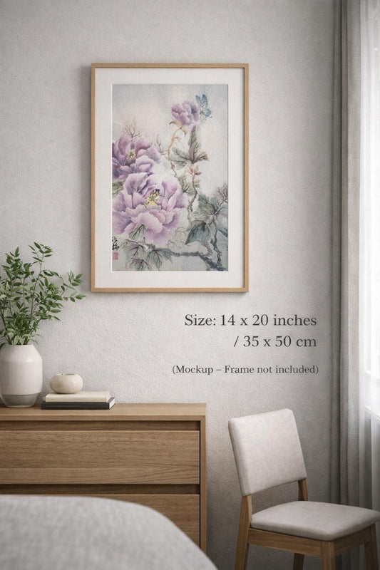 Original Chinese Ink Peony Painting, Butterfly and Floral Wall Art on Rice Paper, Hand Painted Vertical Flower Artwork, 14 x 20 Inches