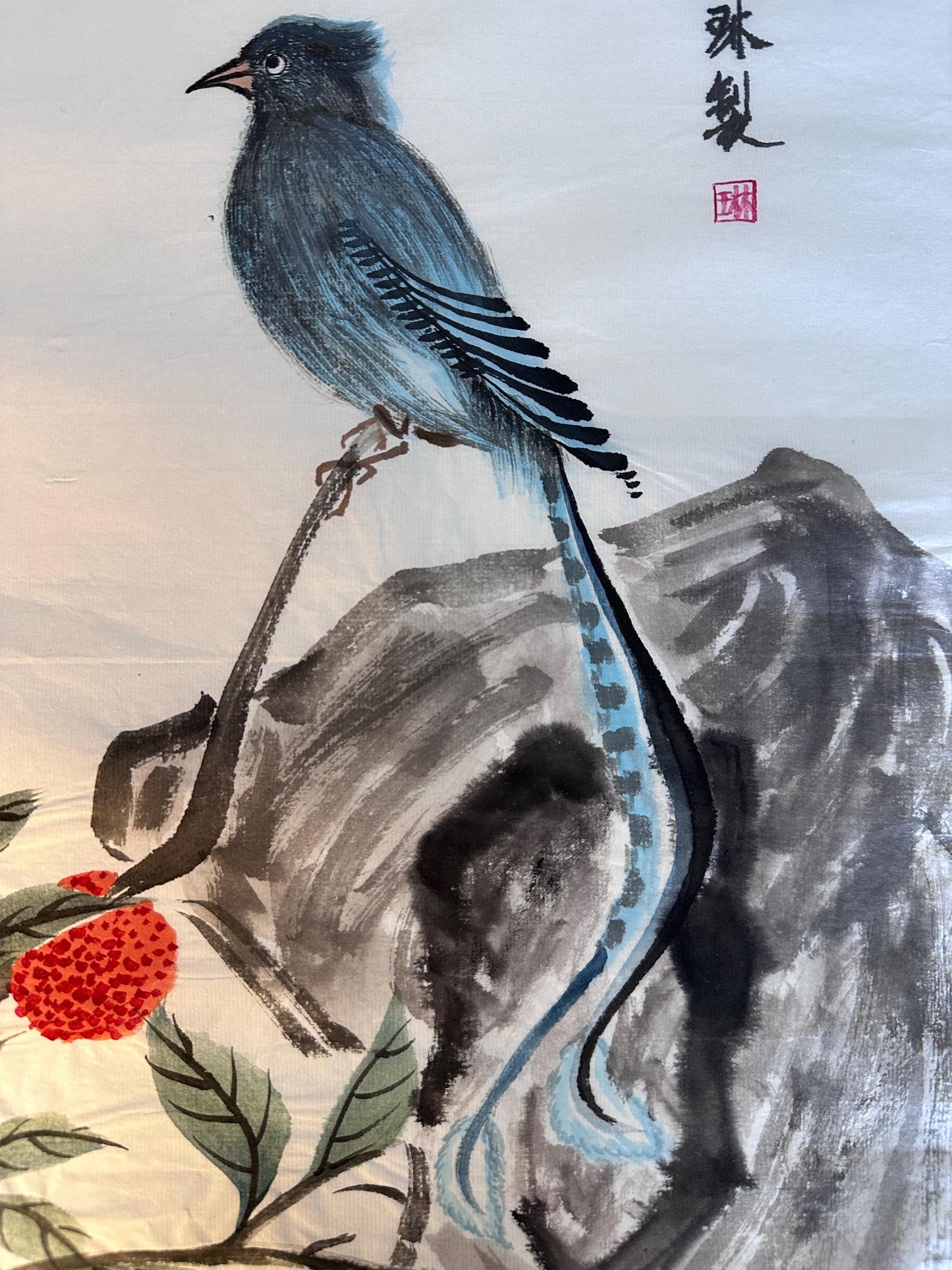 Original Chinese Ink Bird Painting, Blue Magpie and Lychee Wall Art on Rice Paper, Hand Painted Vertical Nature Artwork, 13 x 18 Inches