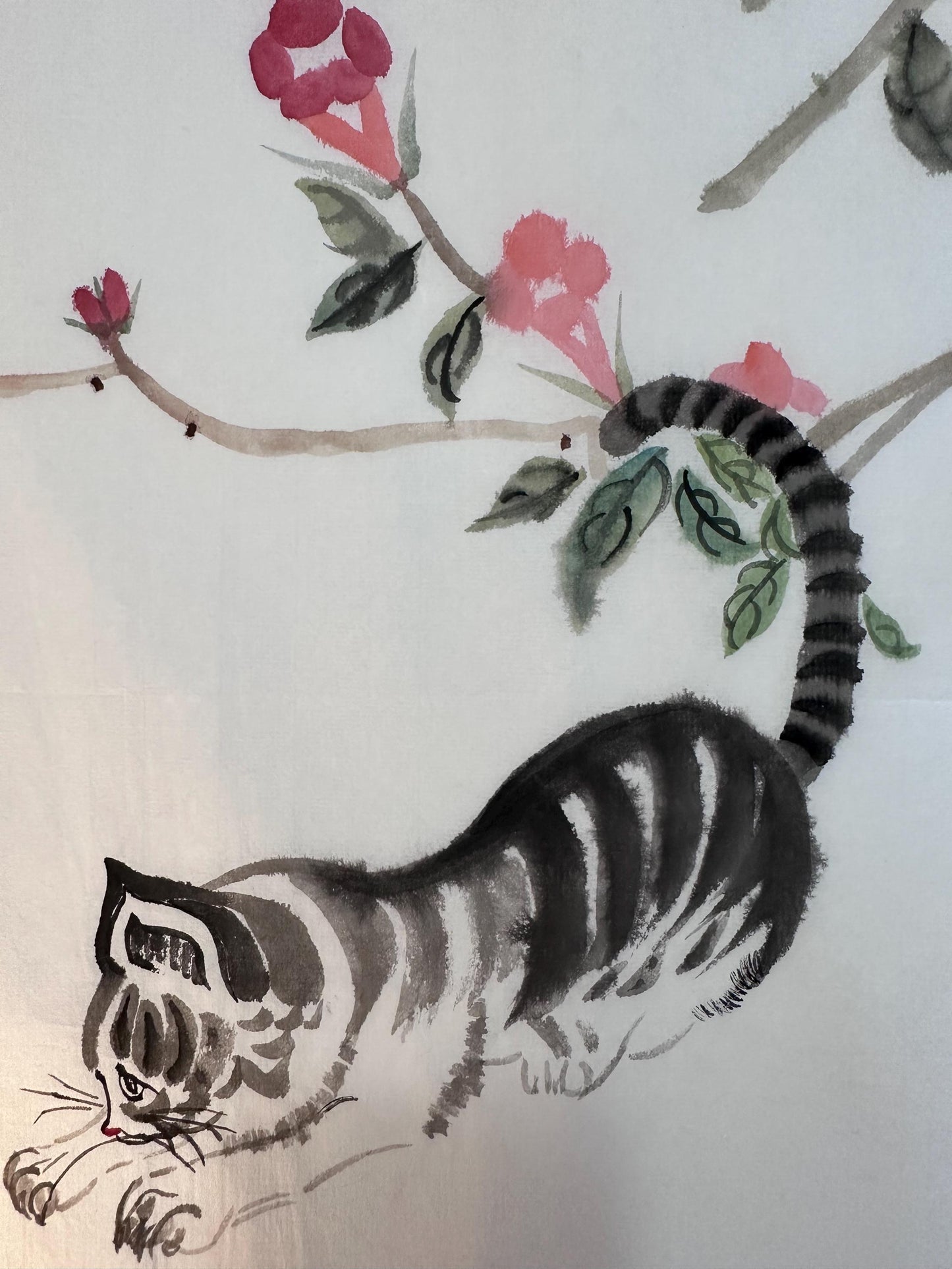 Original Chinese Ink Cat Painting, Playful Cat and Snail Wall Art on Rice Paper, Hand Painted Horizontal Animal Artwork, 18 x 14 Inches