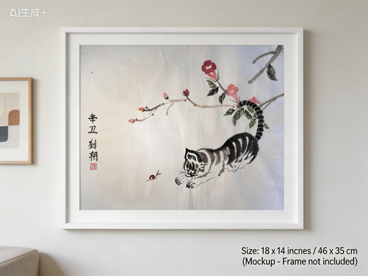 Original Chinese Ink Cat Painting, Playful Cat and Snail Wall Art on Rice Paper, Hand Painted Horizontal Animal Artwork, 18 x 14 Inches