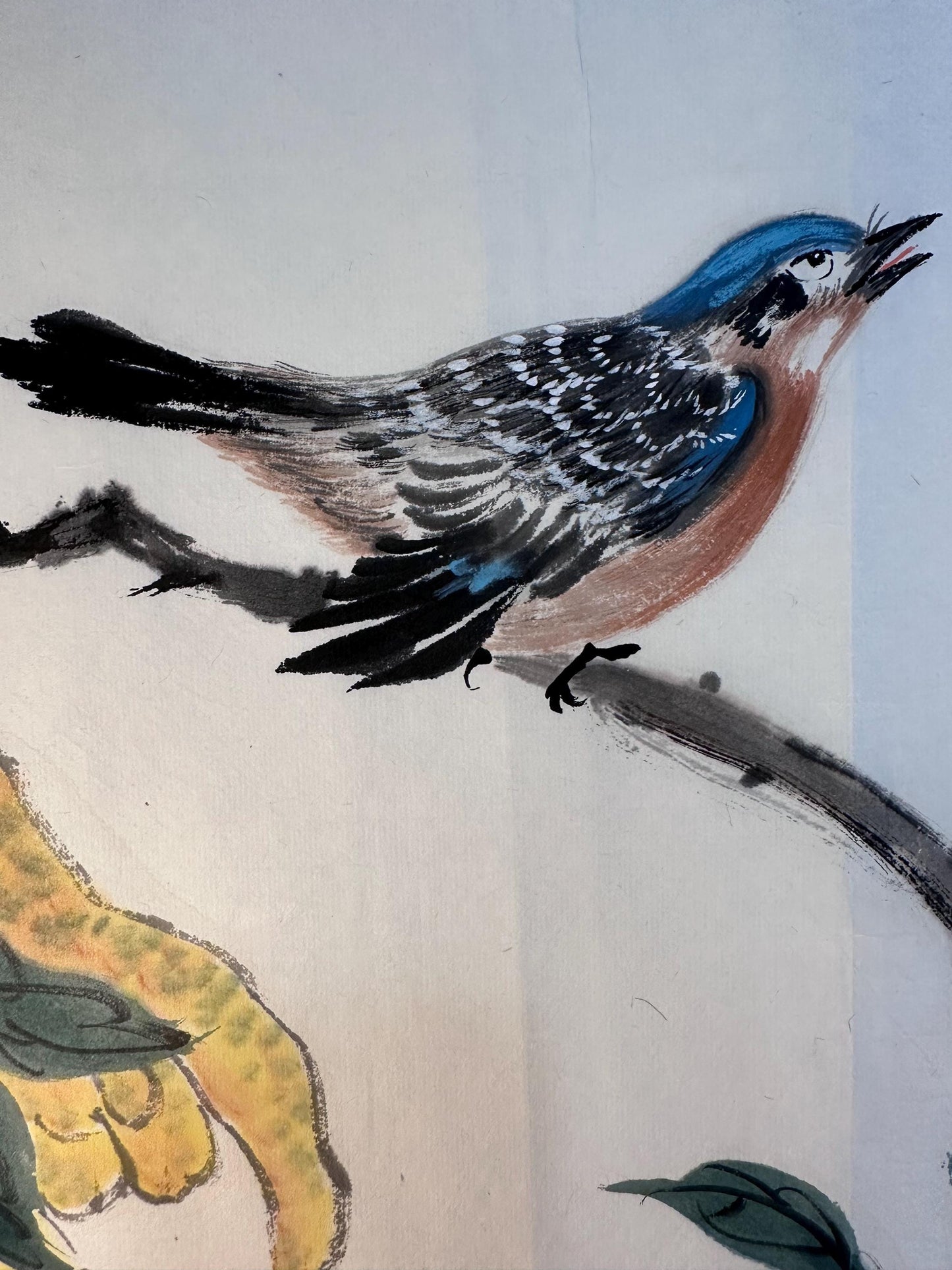 Original Chinese Ink Bird Painting, Hand Painted Songbird on Branch Wall Art, Horizontal Nature Artwork 20 x 14 Inches