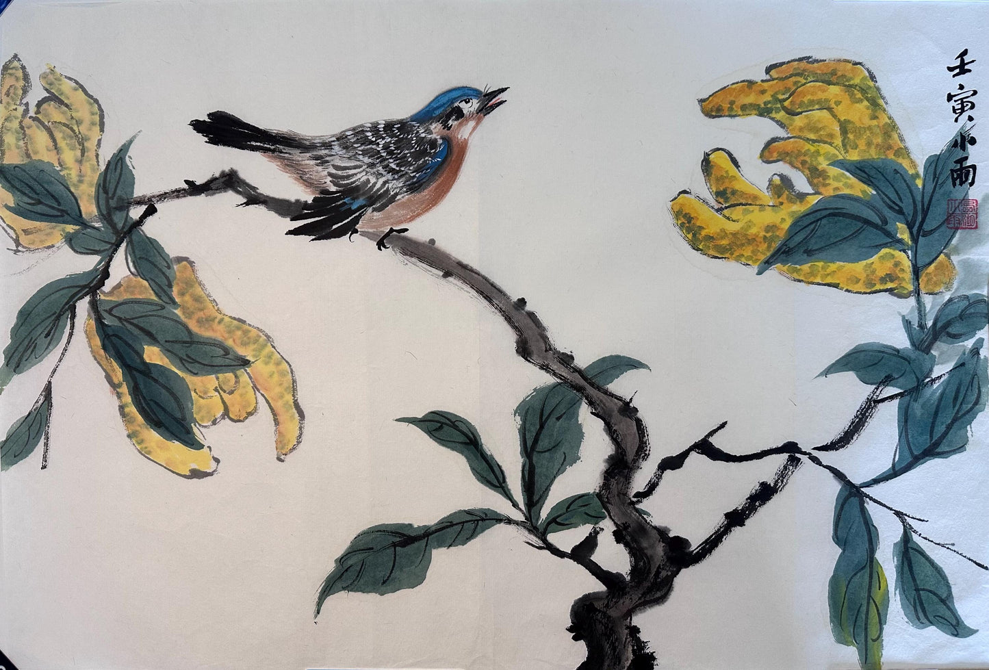 Original Chinese Ink Bird Painting, Hand Painted Songbird on Branch Wall Art, Horizontal Nature Artwork 20 x 14 Inches