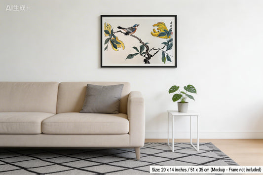 Original Chinese Ink Bird Painting, Hand Painted Songbird on Branch Wall Art, Horizontal Nature Artwork 20 x 14 Inches