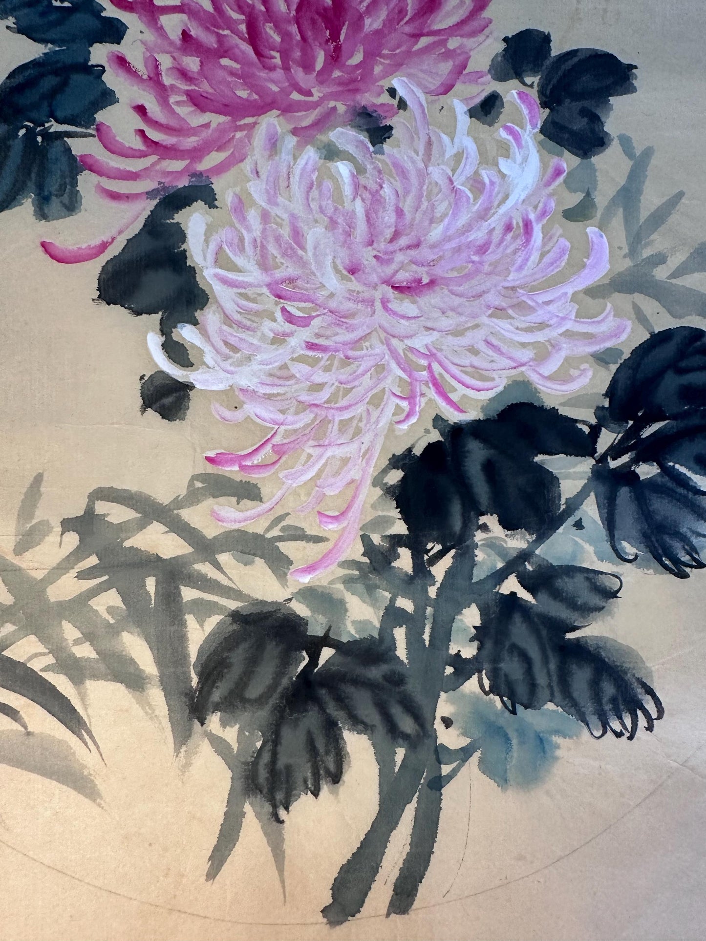 Original Chinese Ink Chrysanthemum Painting, Round Composition Floral Wall Art on Rice Paper, 13 Inches Diameter