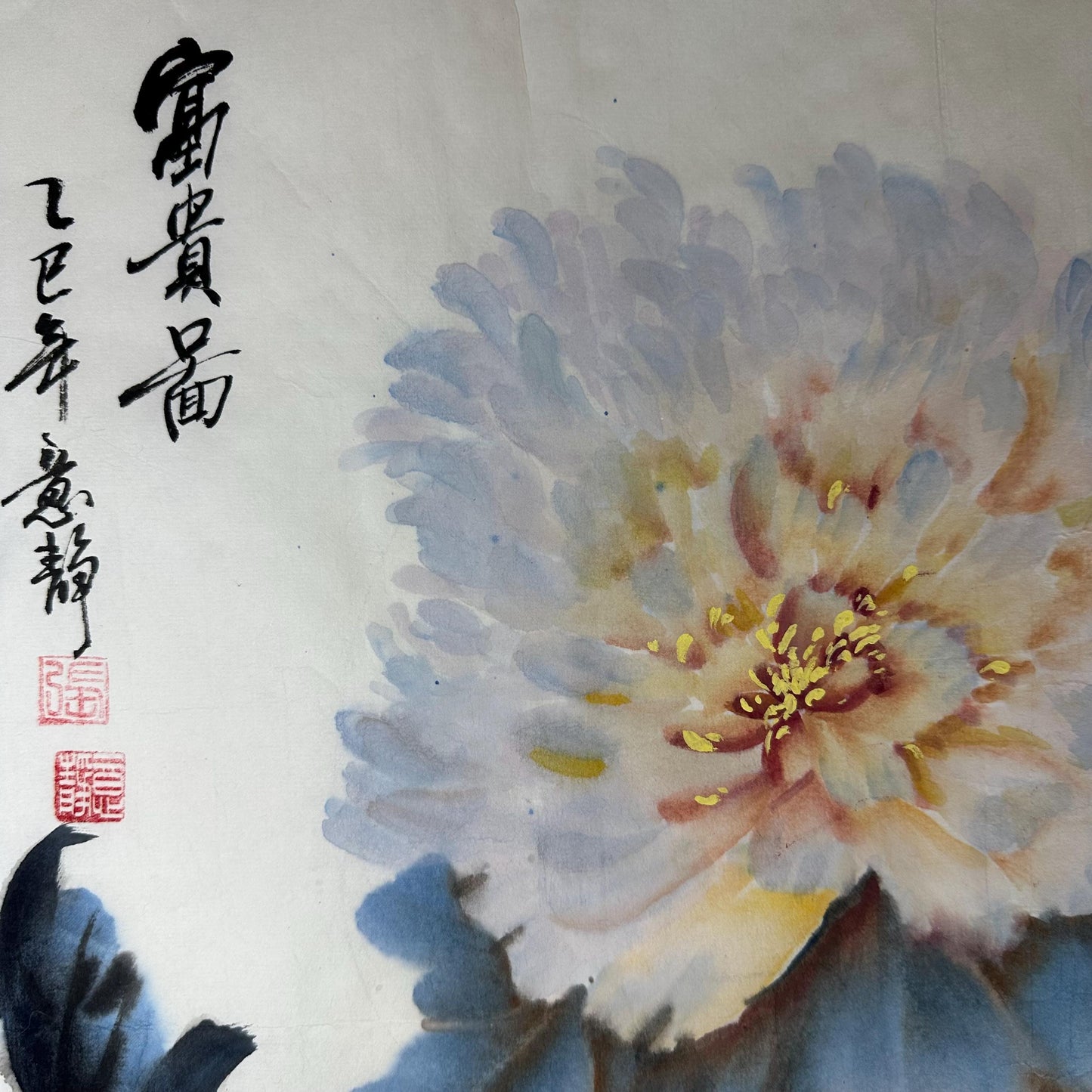 Original Chinese Ink Peony Painting, Hand Painted White Peony Wall Art on Rice Paper, Traditional Asian Floral Artwork, 17.5 x 17.5 Inches