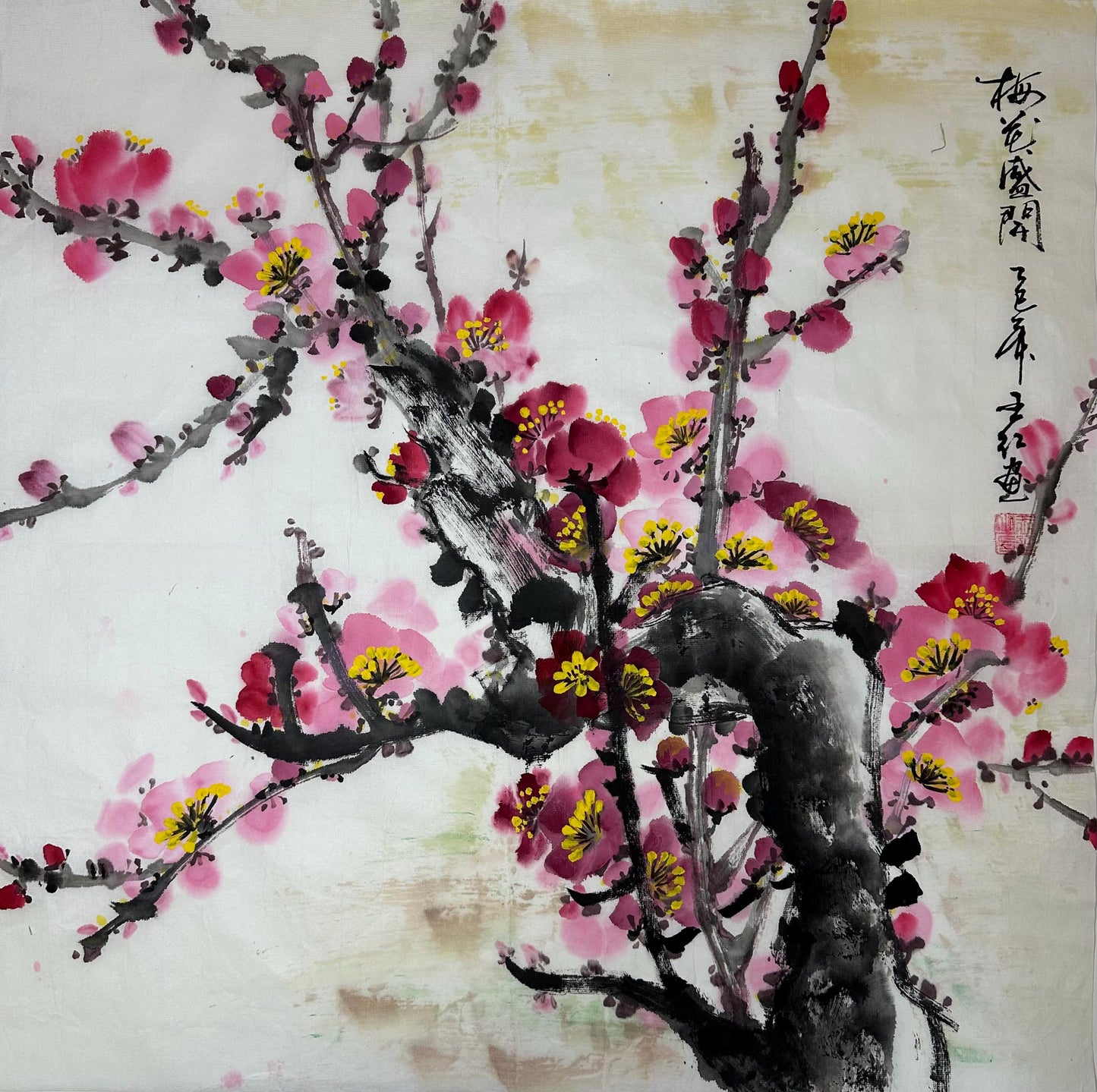 Original Chinese Ink Plum Blossom Painting, Hand Painted Mei Blossom Wall Art on Rice Paper, Square Asian Floral Artwork, 19.5 x 19.5 Inches