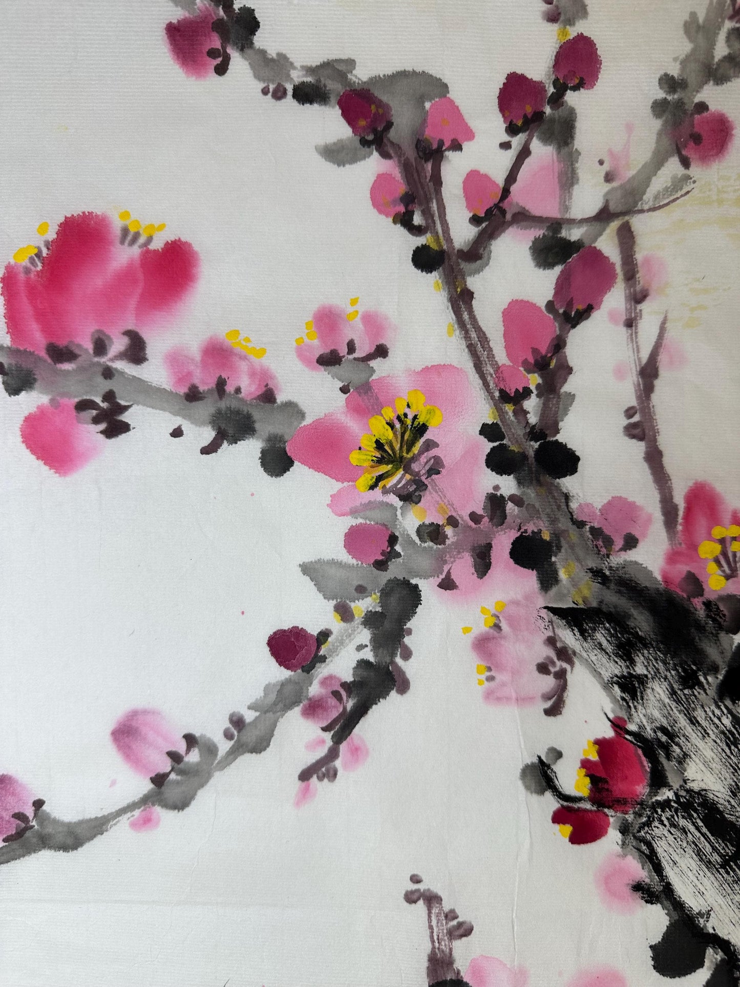 Original Chinese Ink Plum Blossom Painting, Hand Painted Mei Blossom Wall Art on Rice Paper, Square Asian Floral Artwork, 19.5 x 19.5 Inches