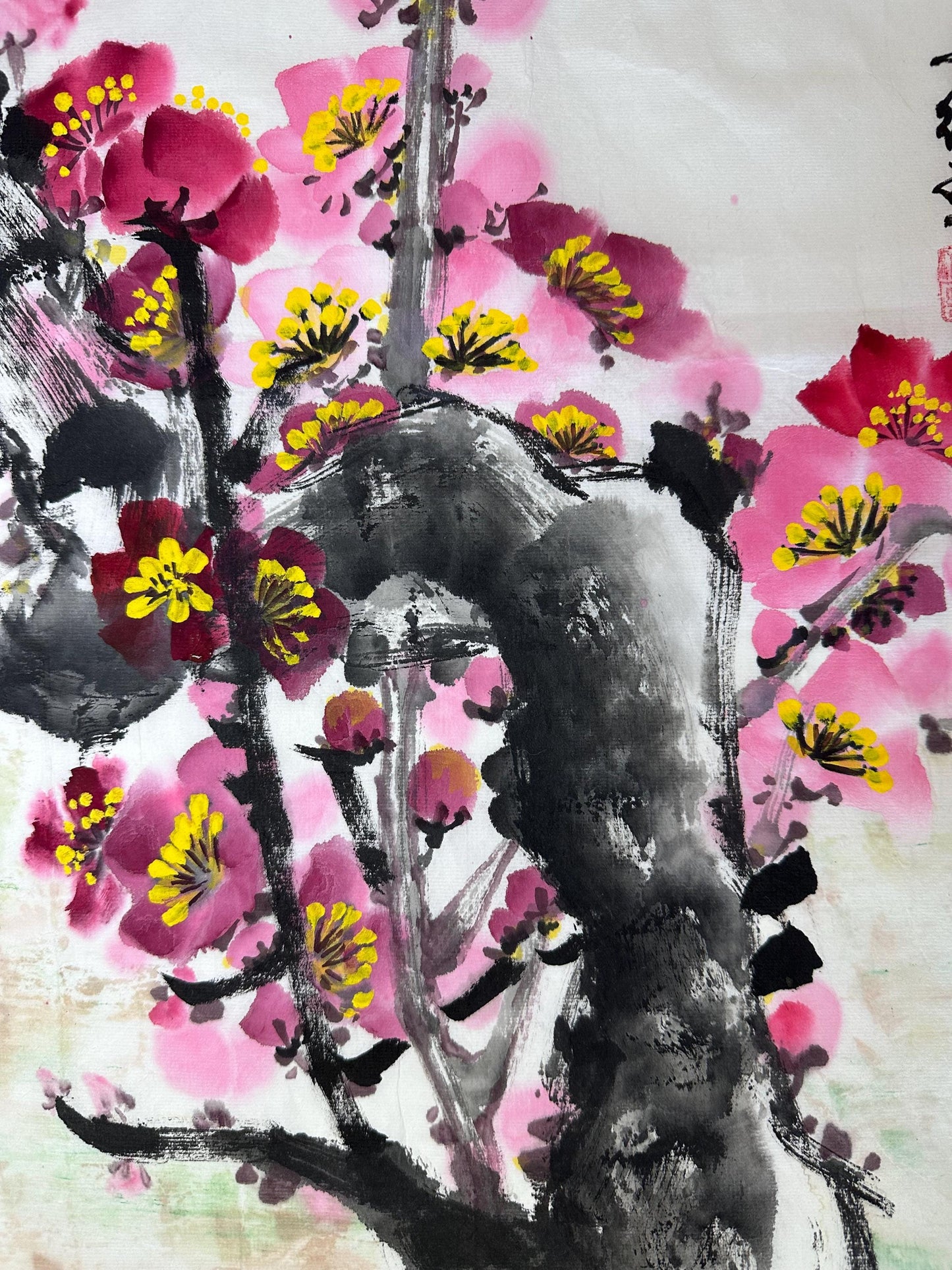 Original Chinese Ink Plum Blossom Painting, Hand Painted Mei Blossom Wall Art on Rice Paper, Square Asian Floral Artwork, 19.5 x 19.5 Inches
