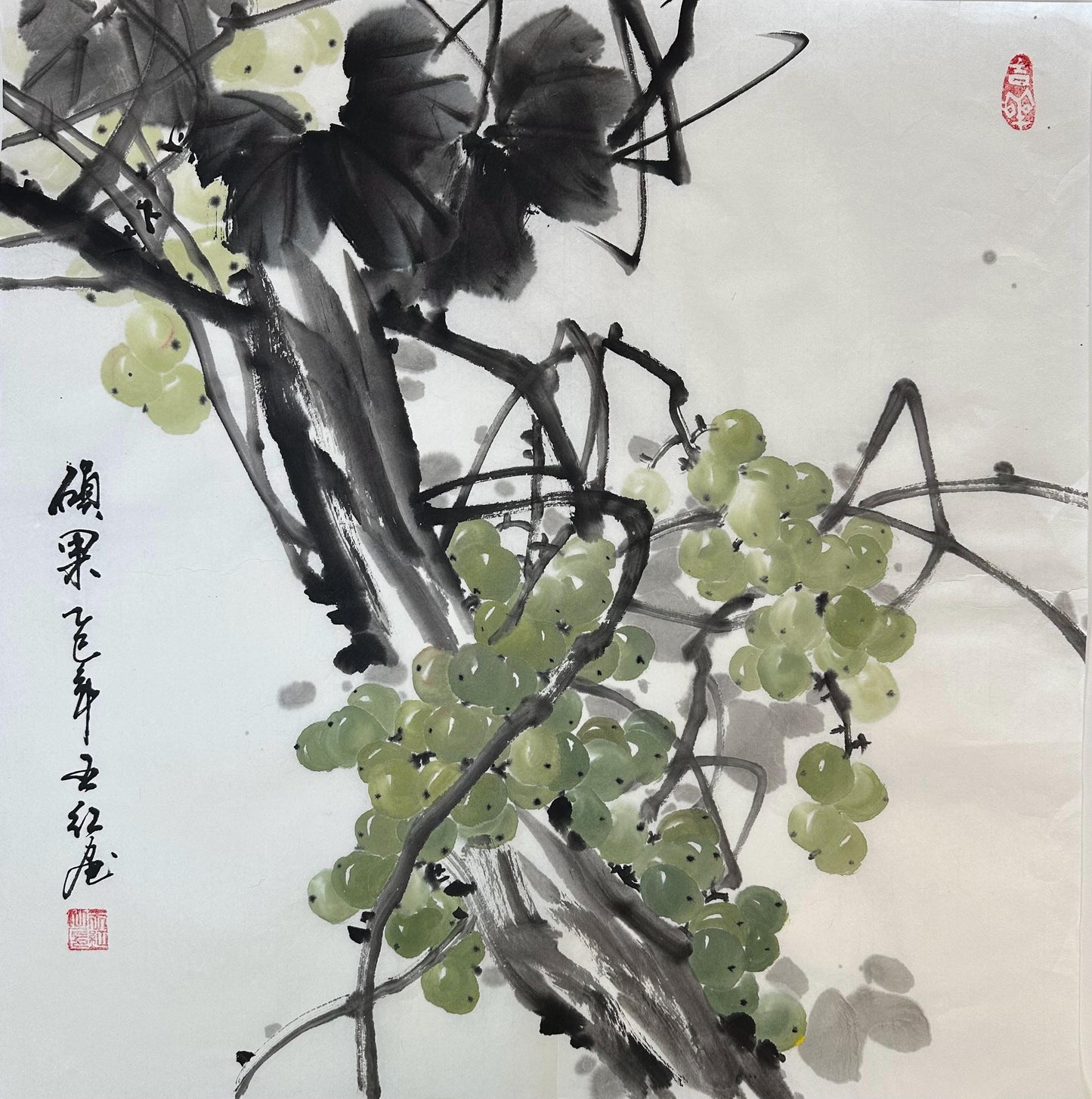 Original Chinese Ink Grape Painting, Prosperity Wall Art, Hand Painted Rice Paper Artwork, Square Asian Home Decor, 19.5 x 19.5 Inches