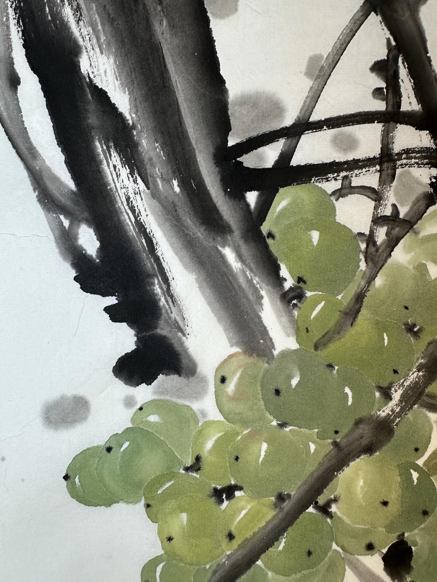 Original Chinese Ink Grape Painting, Prosperity Wall Art, Hand Painted Rice Paper Artwork, Square Asian Home Decor, 19.5 x 19.5 Inches