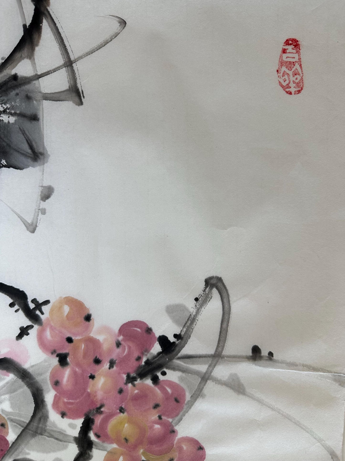 Original Chinese Ink Grape Painting | Hand Painted Fruit Wall Art | Square Rice Paper Artwork | 19.5 x 19.5 Inches | One of a Kind