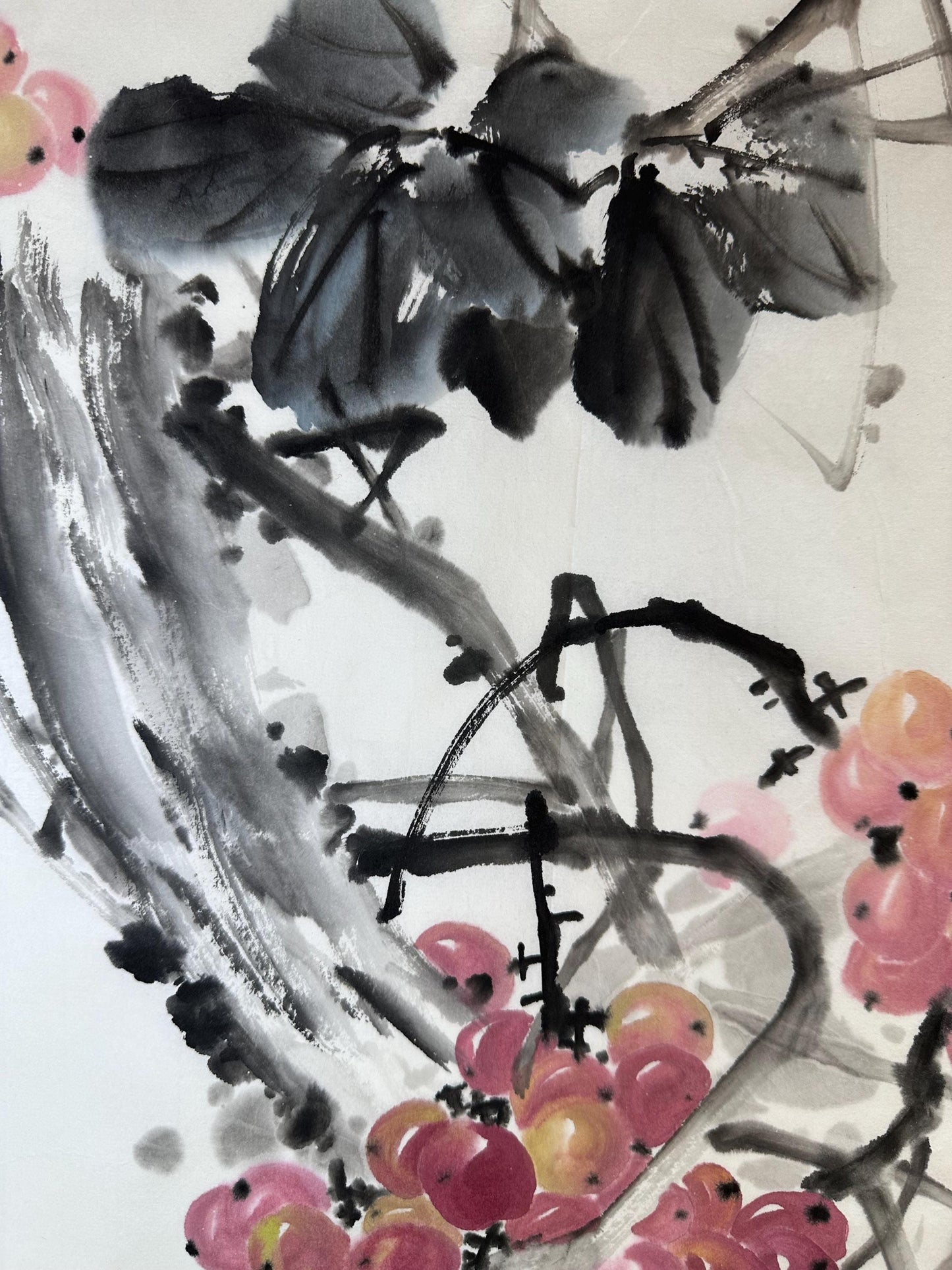 Original Chinese Ink Grape Painting | Hand Painted Fruit Wall Art | Square Rice Paper Artwork | 19.5 x 19.5 Inches | One of a Kind