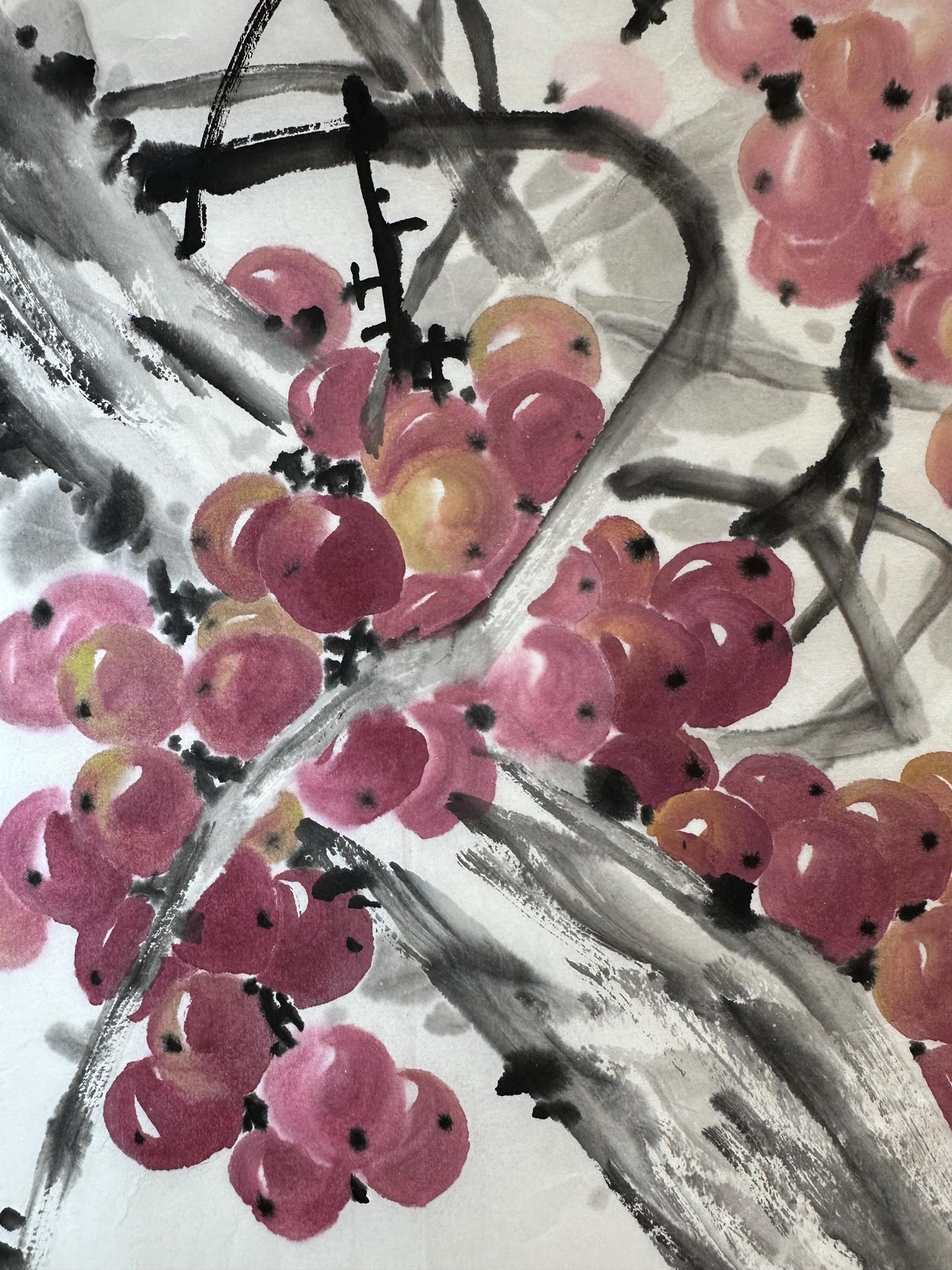 Original Chinese Ink Grape Painting | Hand Painted Fruit Wall Art | Square Rice Paper Artwork | 19.5 x 19.5 Inches | One of a Kind
