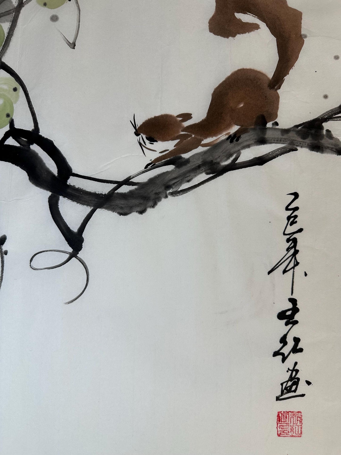 Original Chinese Ink Squirrel Painting | Grape Wall Art | Hand Painted Chinese Rice Paper Artwork | One of a Kind