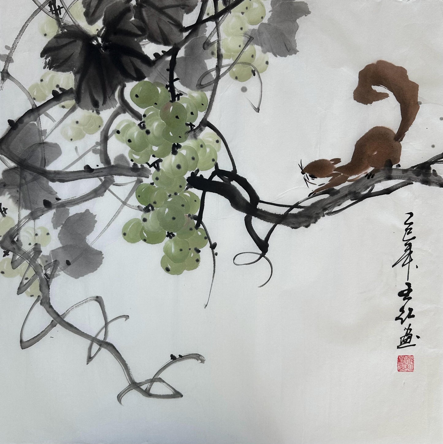 Original Chinese Ink Squirrel Painting | Grape Wall Art | Hand Painted Chinese Rice Paper Artwork | One of a Kind