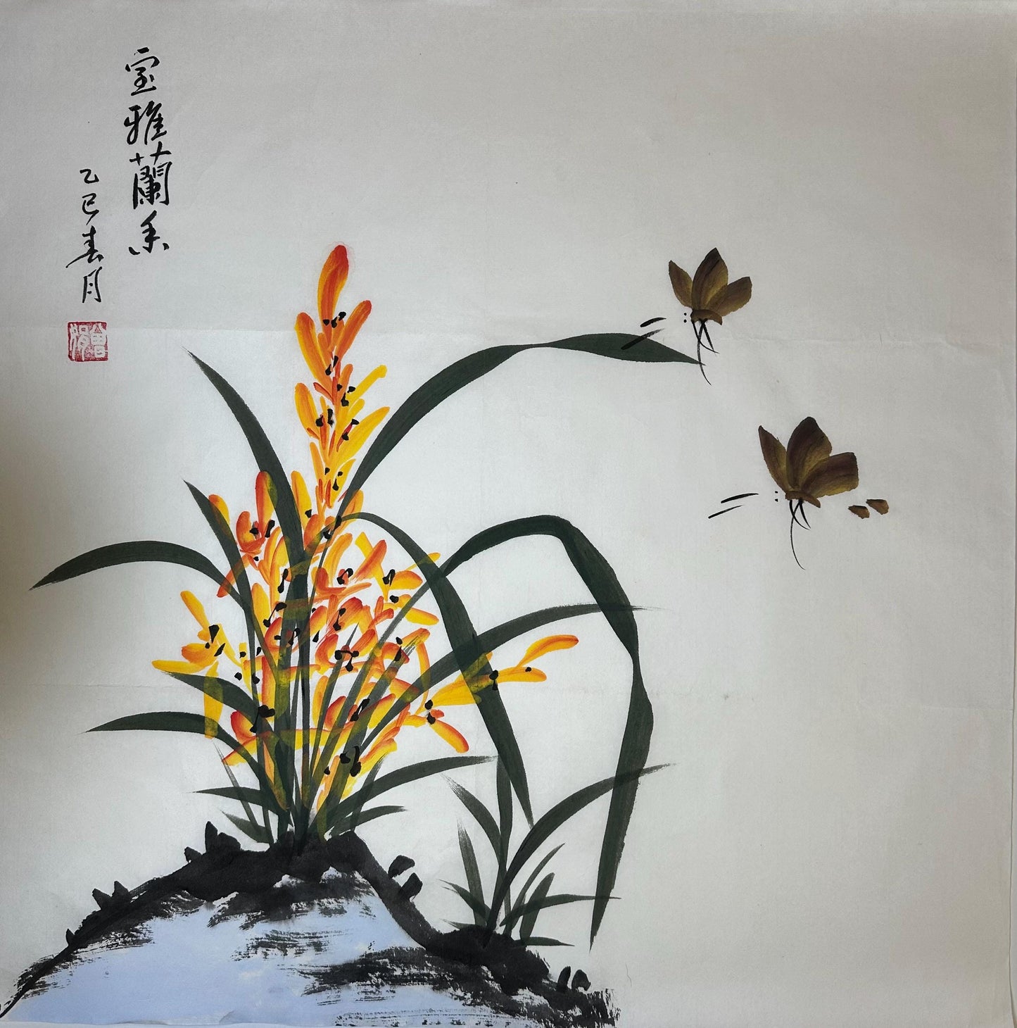 Original Chinese Ink Orchid & Butterfly Painting | Hand Painted Floral Wall Art | 19.5 x 19.5 Inches | One of a Kind