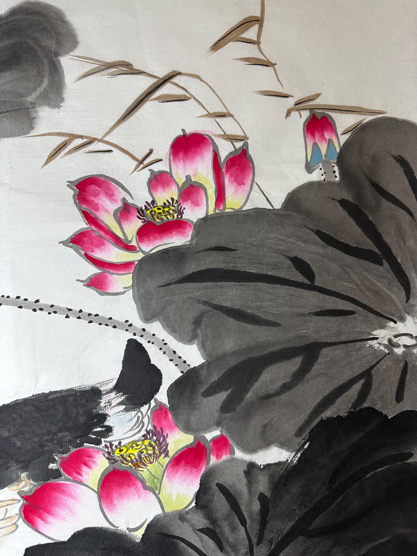 Original Chinese Ink Lotus & Mandarin Ducks Painting | Hand Painted Nature Wall Art | 19.5 x 19.5 Inches | One of a Kind