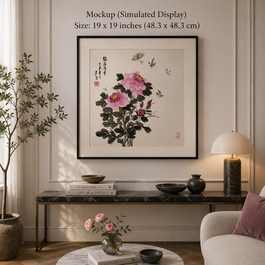 Original Chinese Ink Peony Painting | Butterflies & Blossoms | Hand Painted Floral Wall Art | 19 x 19 Inches | One of a Kind