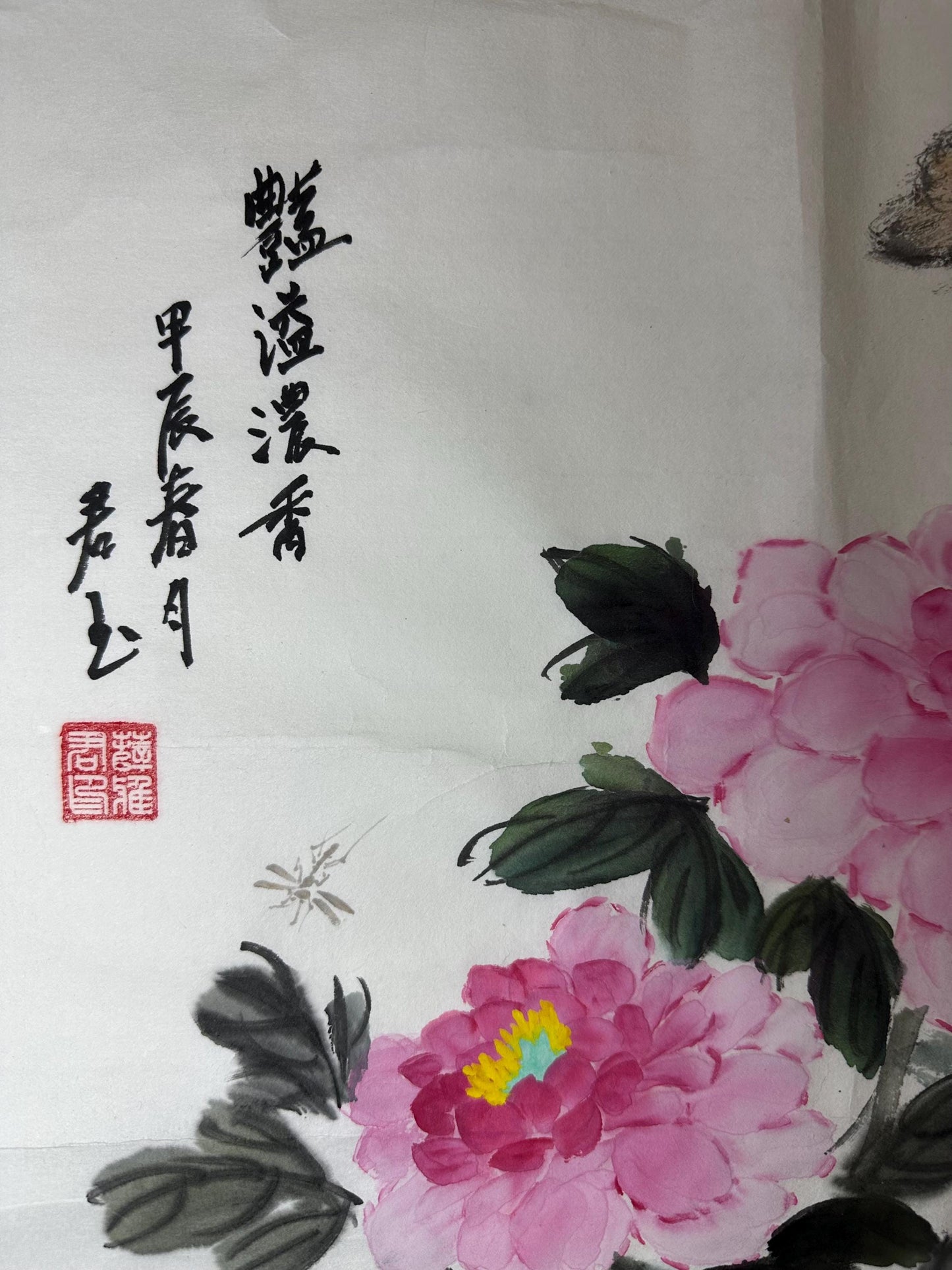 Original Chinese Ink Peony Painting | Butterflies & Blossoms | Hand Painted Floral Wall Art | 19 x 19 Inches | One of a Kind