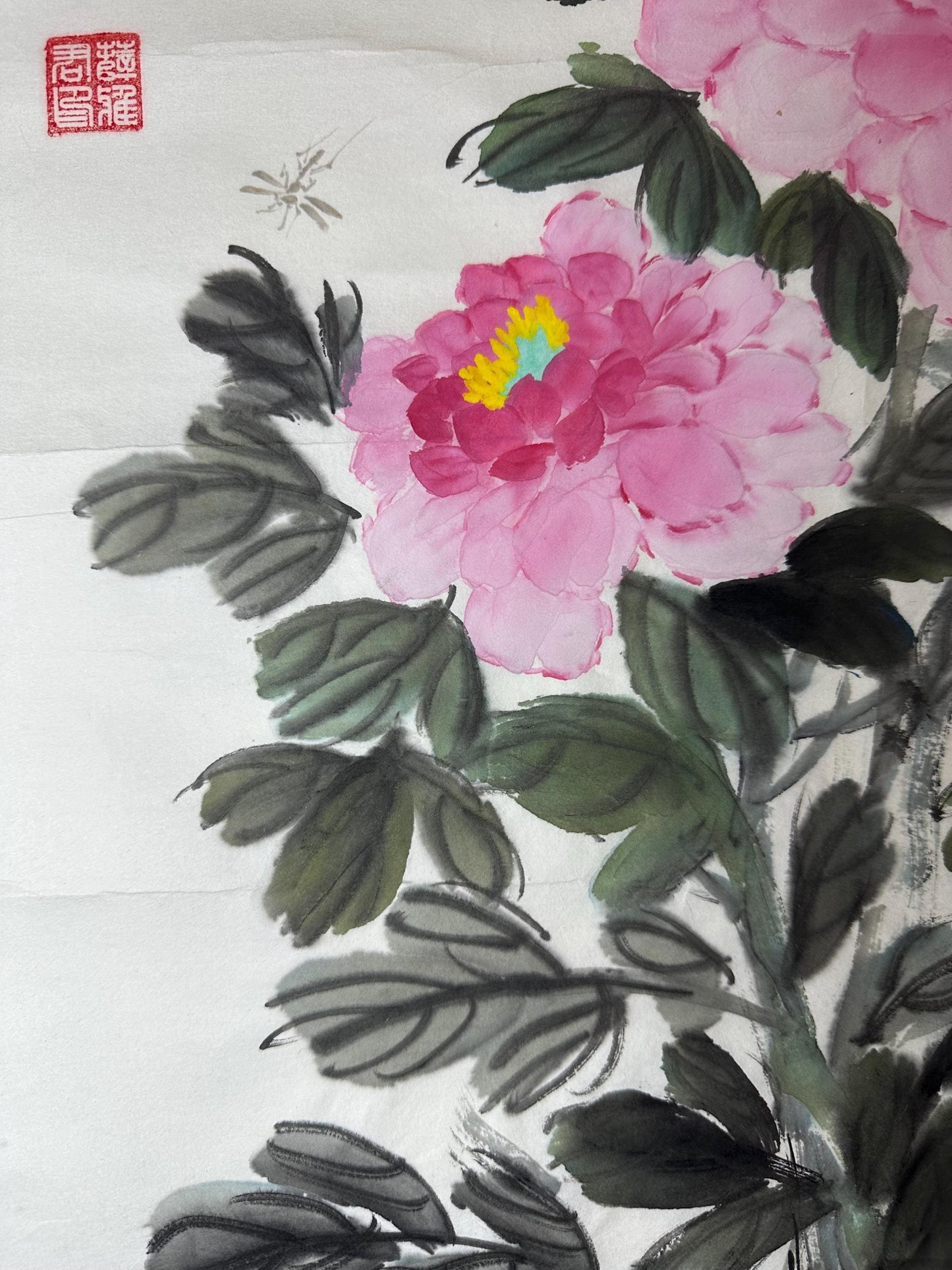 Original Chinese Ink Peony Painting | Butterflies & Blossoms | Hand Painted Floral Wall Art | 19 x 19 Inches | One of a Kind