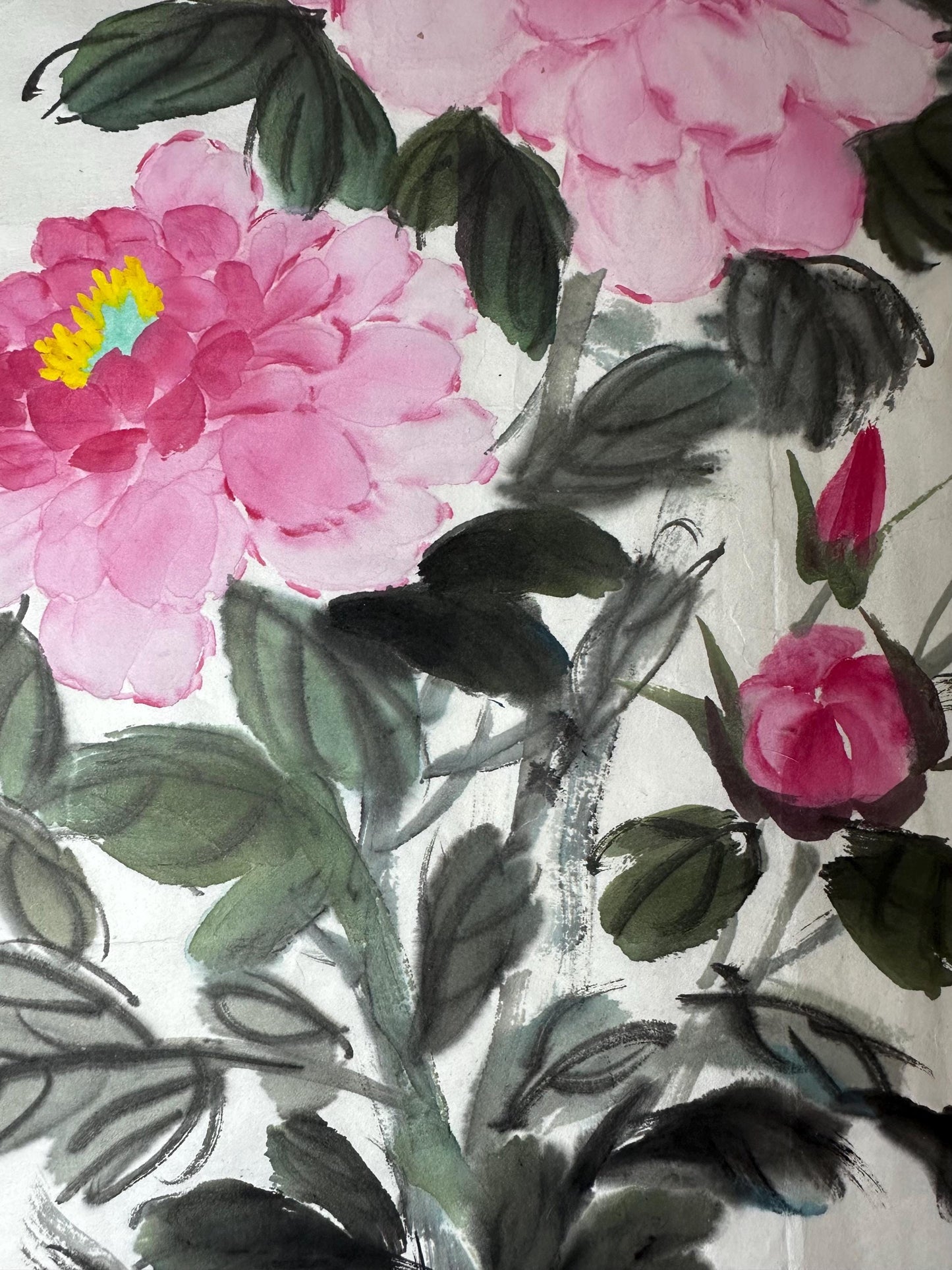 Original Chinese Ink Peony Painting | Butterflies & Blossoms | Hand Painted Floral Wall Art | 19 x 19 Inches | One of a Kind