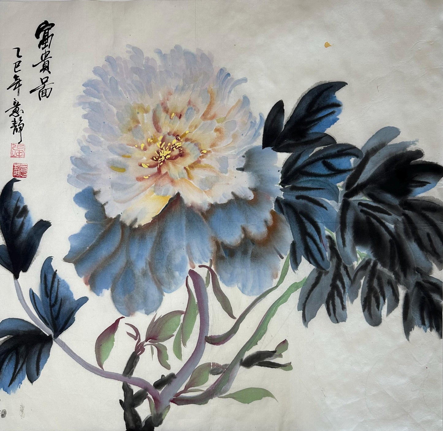 Original Chinese Ink Peony Painting, Hand Painted White Peony Wall Art on Rice Paper, Traditional Asian Floral Artwork, 17.5 x 17.5 Inches