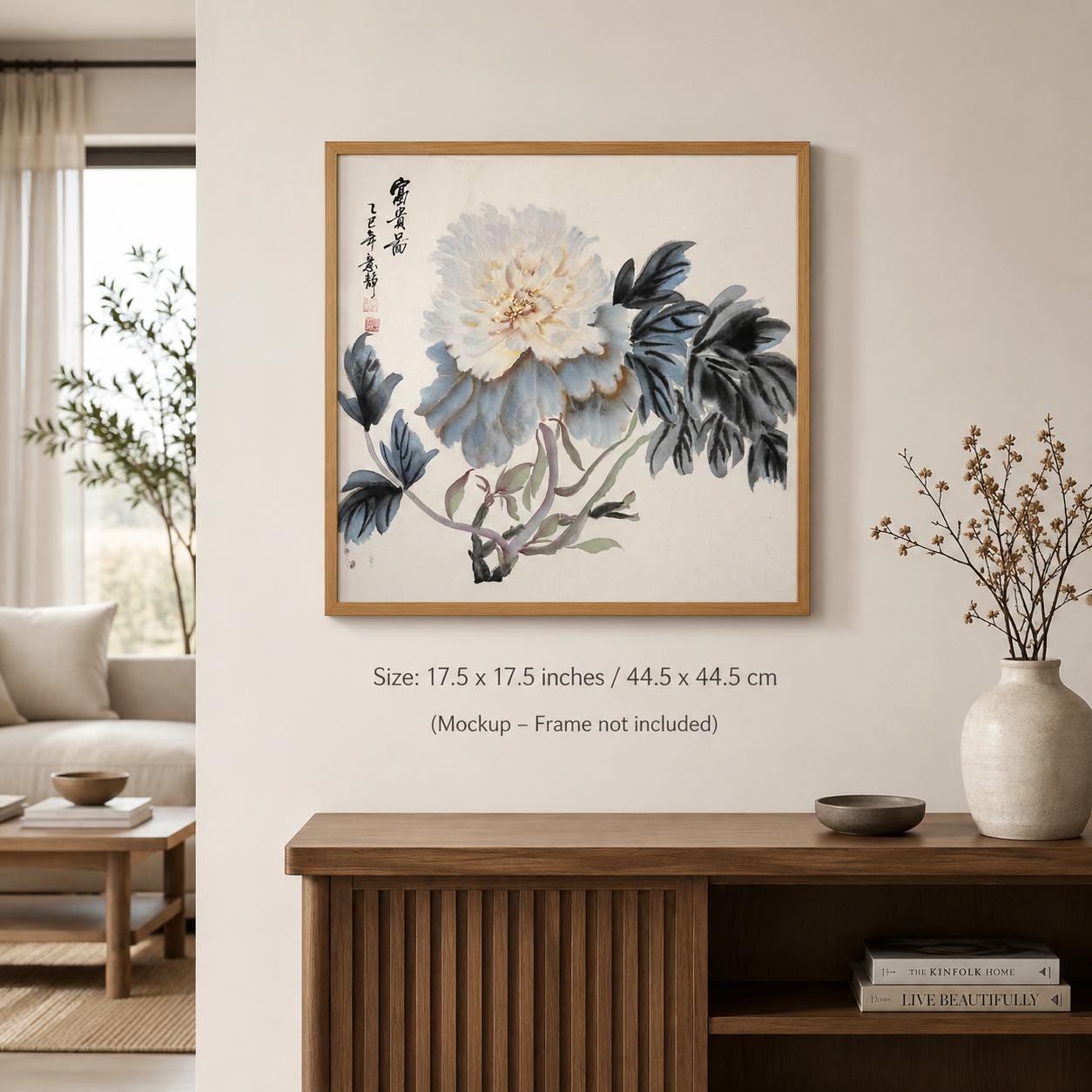 Original Chinese Ink Peony Painting, Hand Painted White Peony Wall Art on Rice Paper, Traditional Asian Floral Artwork, 17.5 x 17.5 Inches