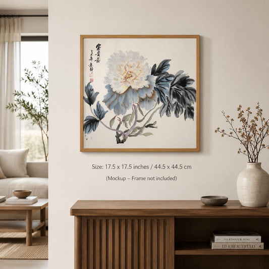 Original Chinese Ink Peony Painting, Hand Painted White Peony Wall Art on Rice Paper, Traditional Asian Floral Artwork, 17.5 x 17.5 Inches