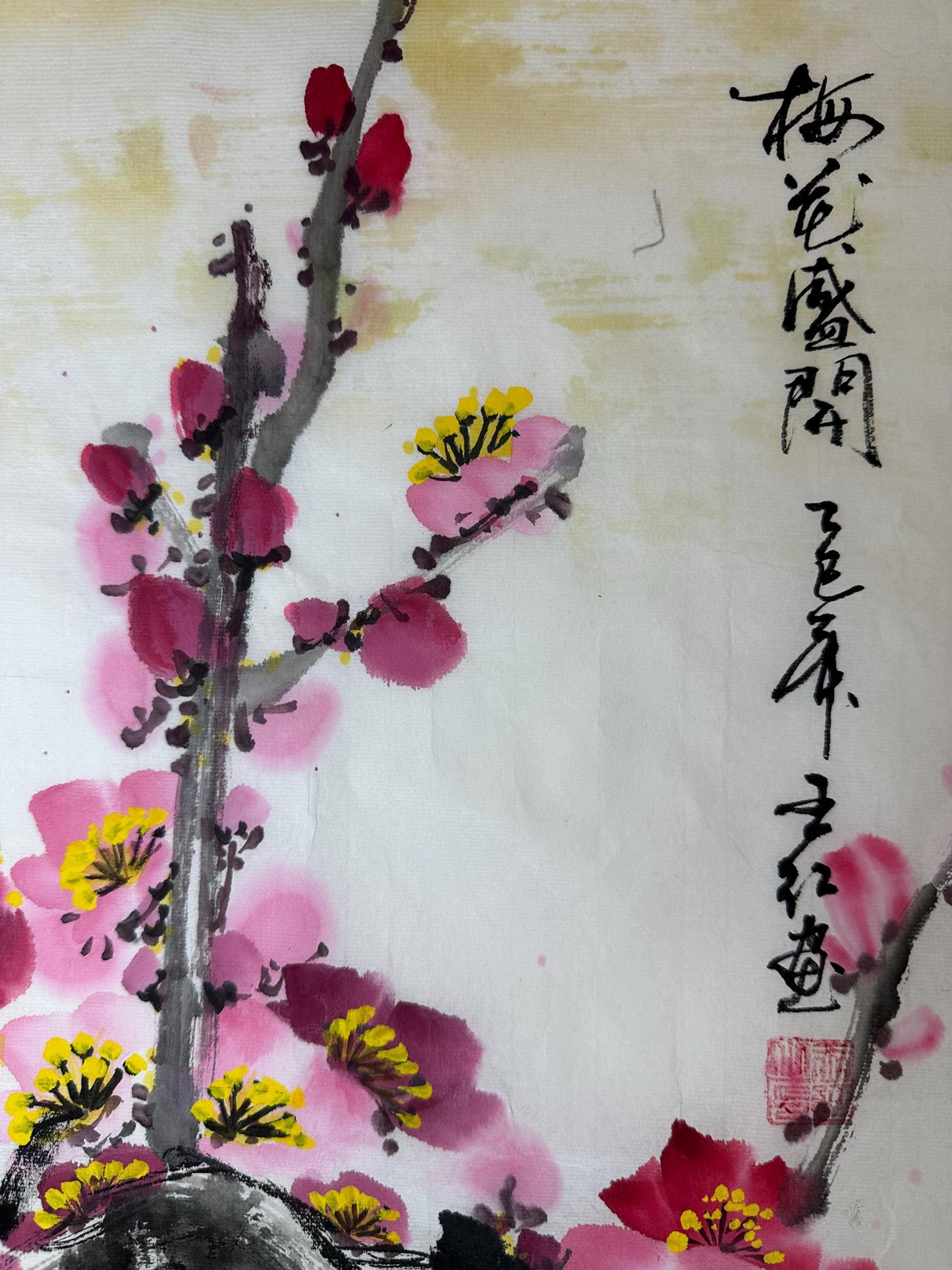 Original Chinese Ink Plum Blossom Painting, Hand Painted Mei Blossom Wall Art on Rice Paper, Square Asian Floral Artwork, 19.5 x 19.5 Inches