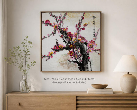 Original Chinese Ink Plum Blossom Painting, Hand Painted Mei Blossom Wall Art on Rice Paper, Square Asian Floral Artwork, 19.5 x 19.5 Inches