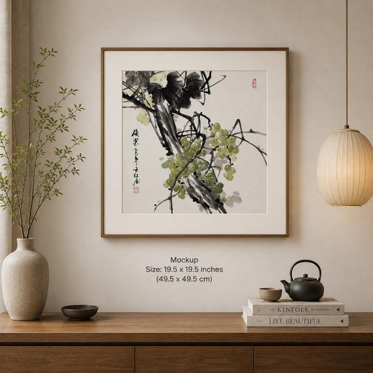 Original Chinese Ink Grape Painting, Prosperity Wall Art, Hand Painted Rice Paper Artwork, Square Asian Home Decor, 19.5 x 19.5 Inches