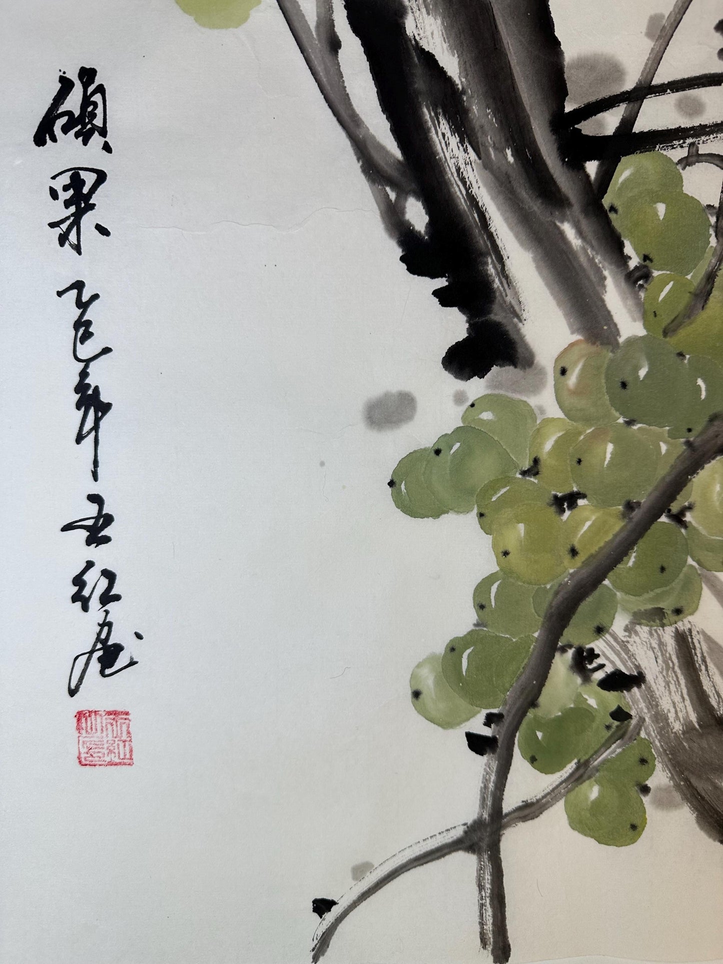 Original Chinese Ink Grape Painting, Prosperity Wall Art, Hand Painted Rice Paper Artwork, Square Asian Home Decor, 19.5 x 19.5 Inches