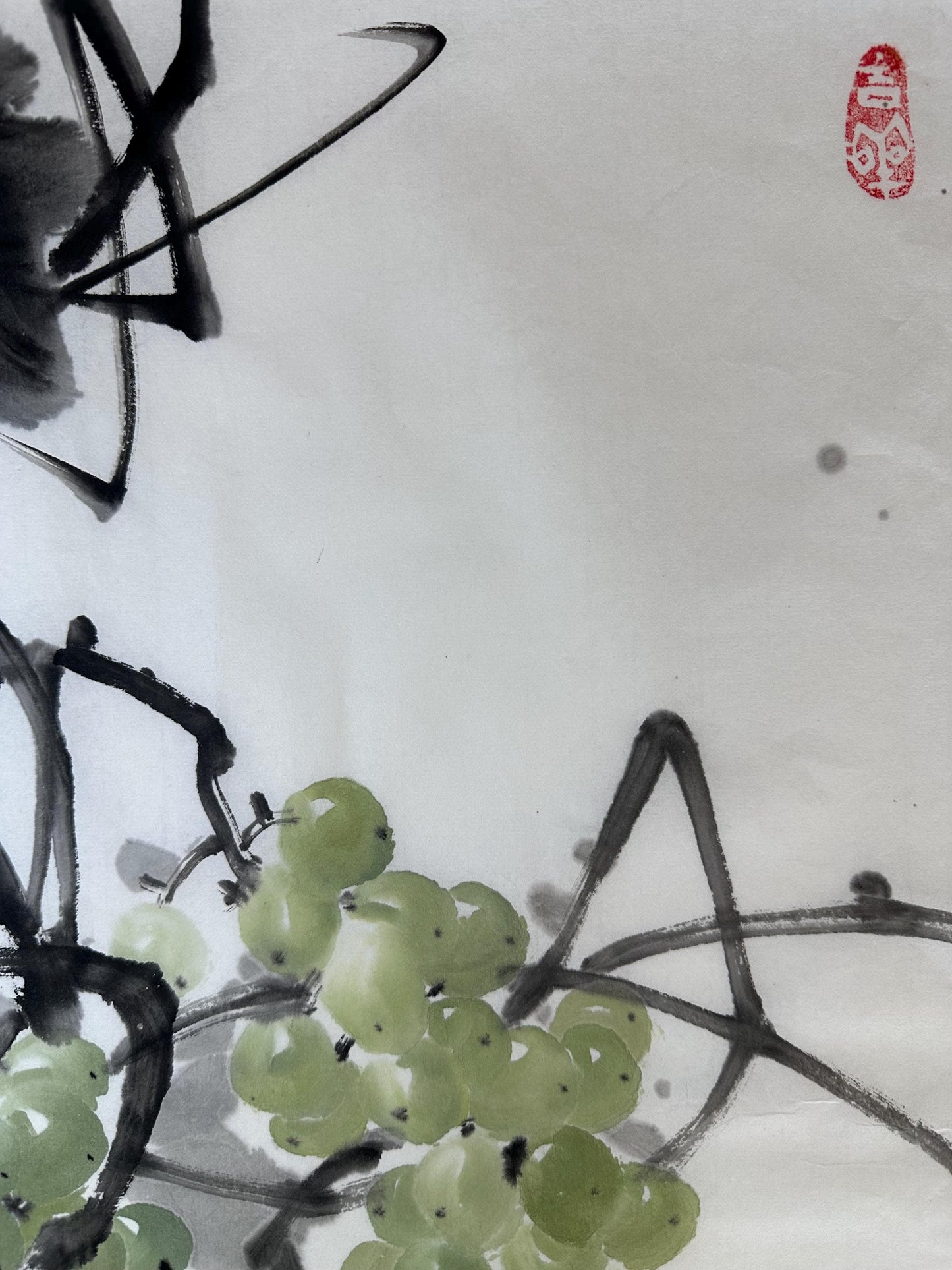 Original Chinese Ink Grape Painting, Prosperity Wall Art, Hand Painted Rice Paper Artwork, Square Asian Home Decor, 19.5 x 19.5 Inches