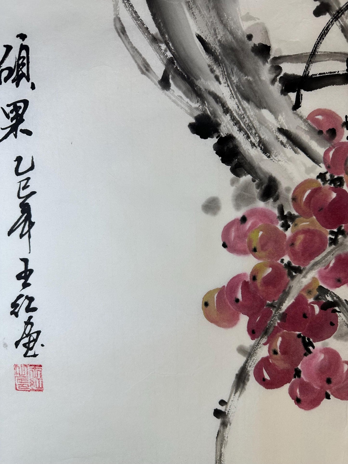Original Chinese Ink Grape Painting | Hand Painted Fruit Wall Art | Square Rice Paper Artwork | 19.5 x 19.5 Inches | One of a Kind