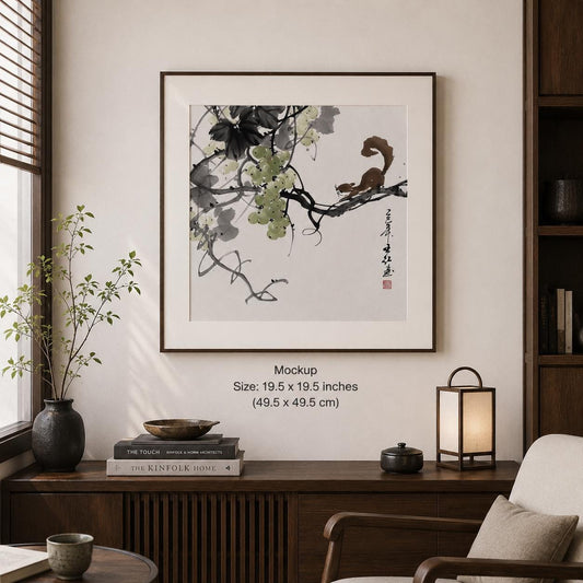 Original Chinese Ink Squirrel Painting | Grape Wall Art | Hand Painted Chinese Rice Paper Artwork | One of a Kind